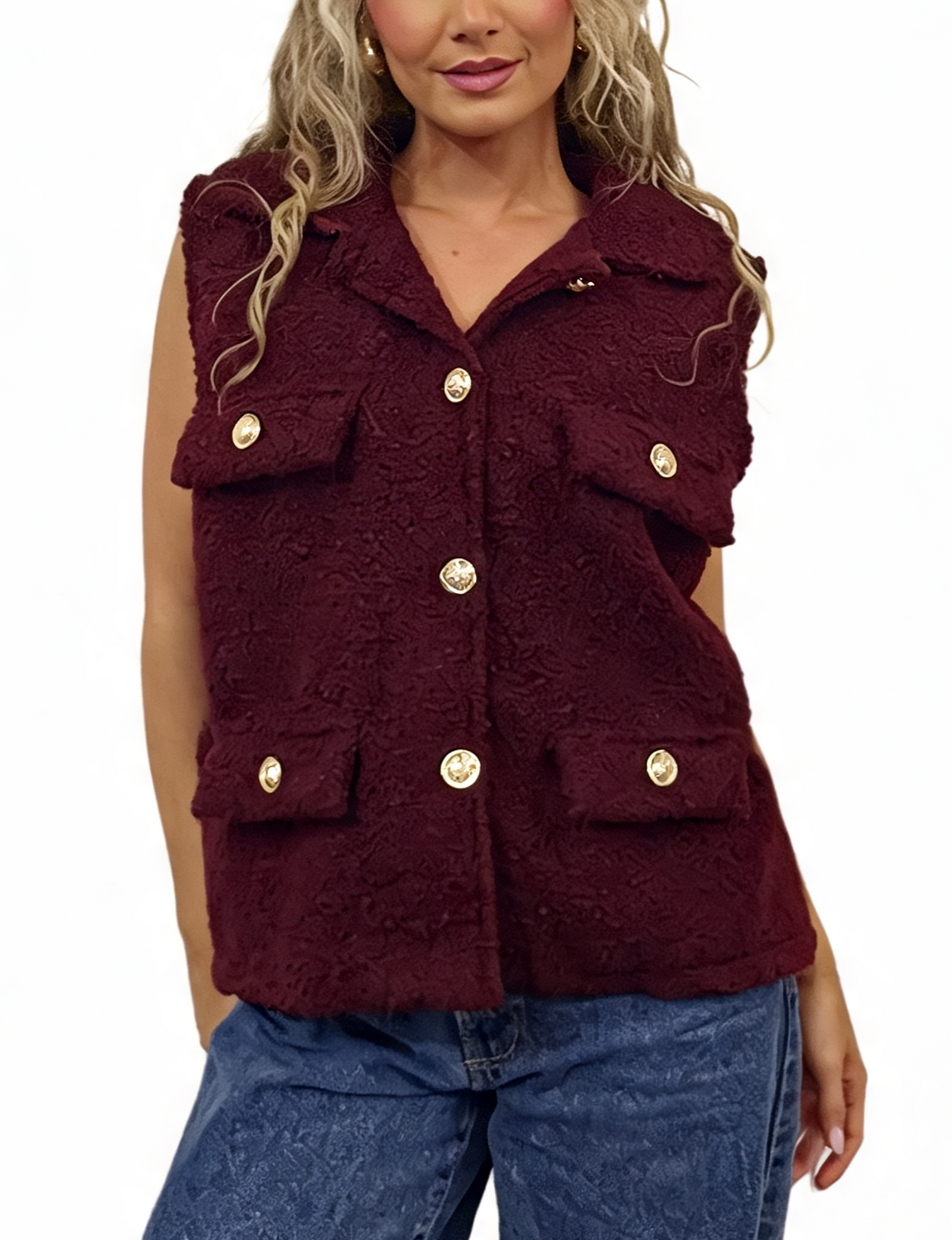 Burgundy textured boucle sleeveless gilet with collar, four flap pockets, gold buttons