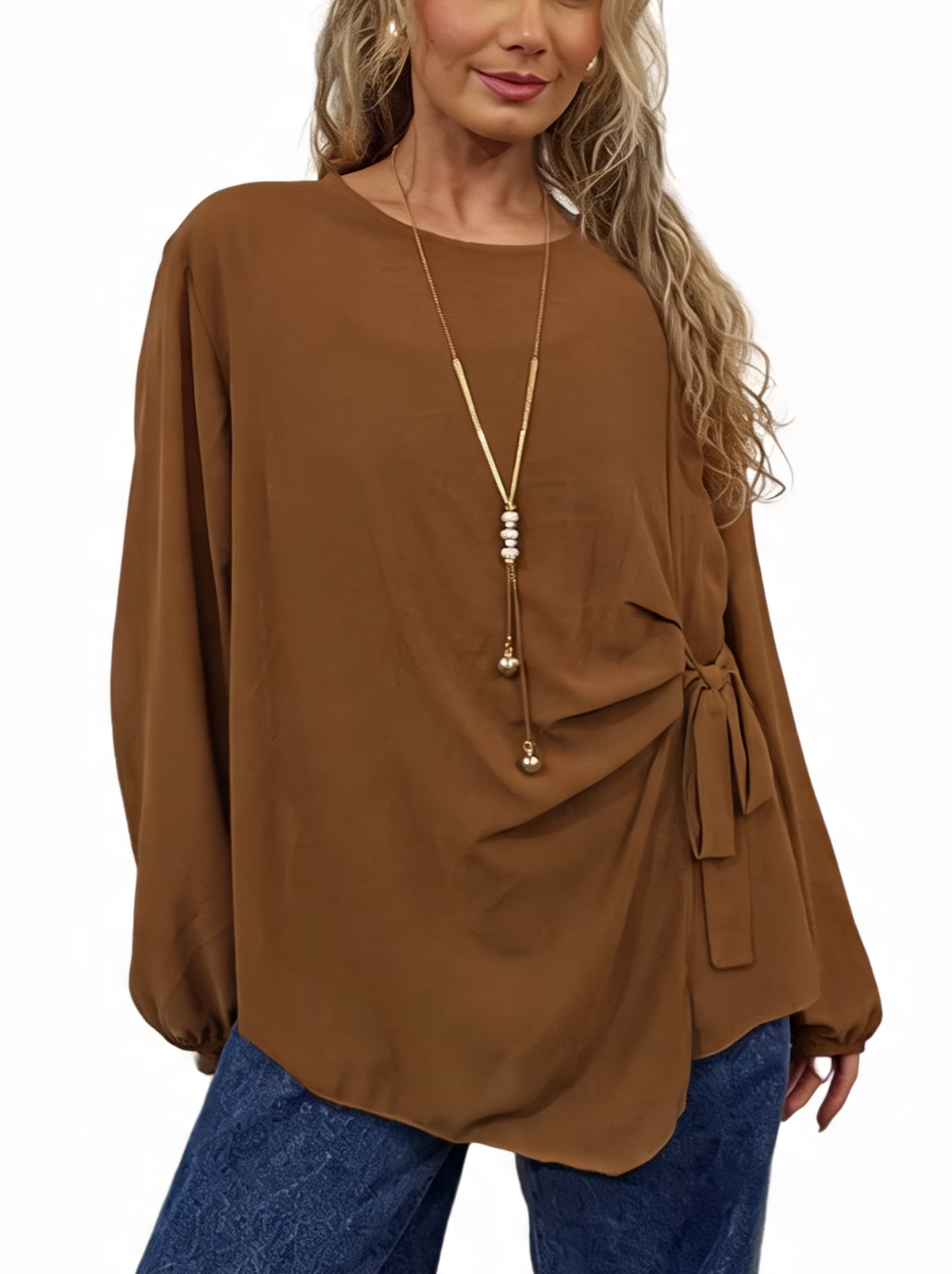 Side Tie with Necklace Long Balloon Sleeve Draped Asymmetric Hem Blouse
