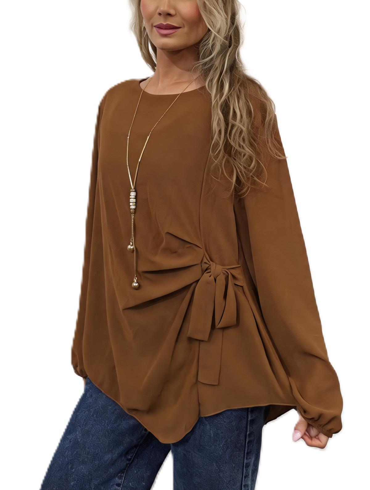 Side Tie with Necklace Long Balloon Sleeve Draped Asymmetric Hem Blouse