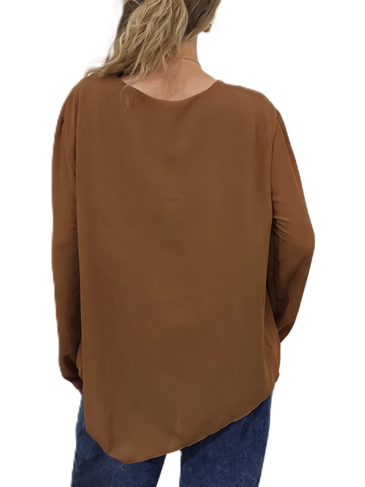 Side Tie with Necklace Long Balloon Sleeve Draped Asymmetric Hem Blouse