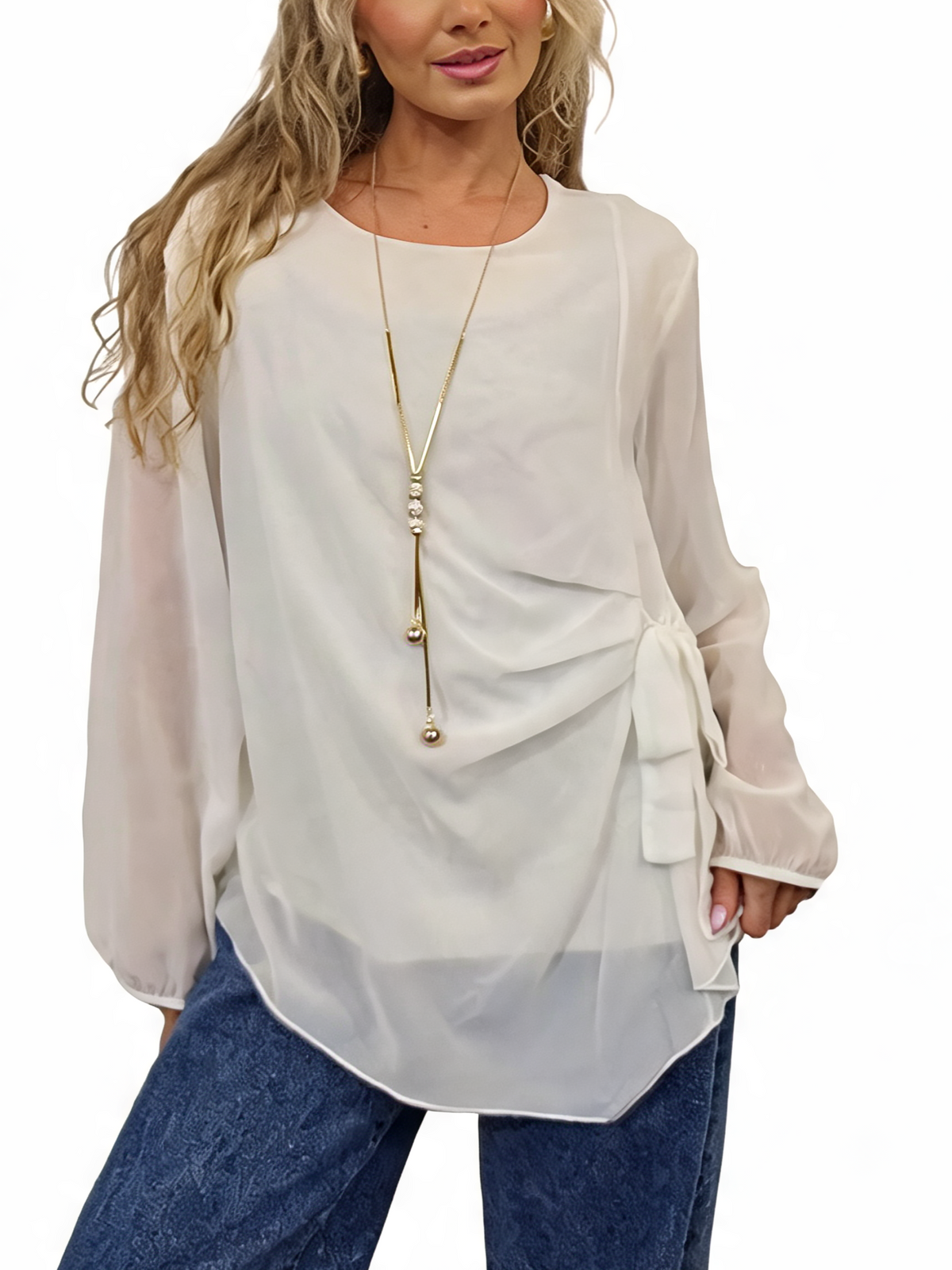 Side Tie with Necklace Long Balloon Sleeve Draped Asymmetric Hem Blouse