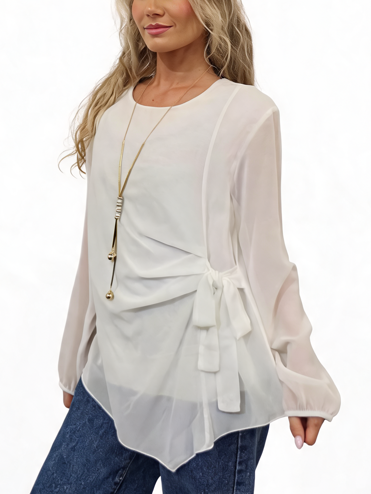 Side Tie with Necklace Long Balloon Sleeve Draped Asymmetric Hem Blouse