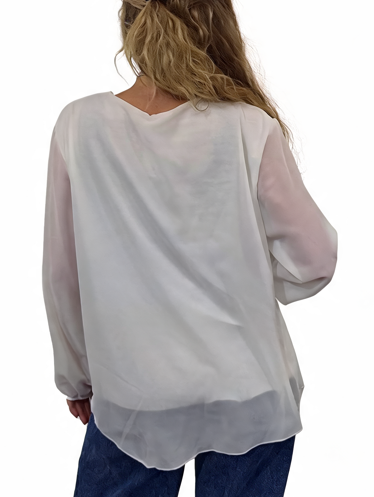 Side Tie with Necklace Long Balloon Sleeve Draped Asymmetric Hem Blouse