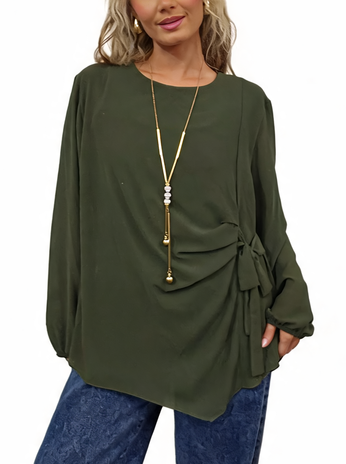 Side Tie with Necklace Long Balloon Sleeve Draped Asymmetric Hem Blouse