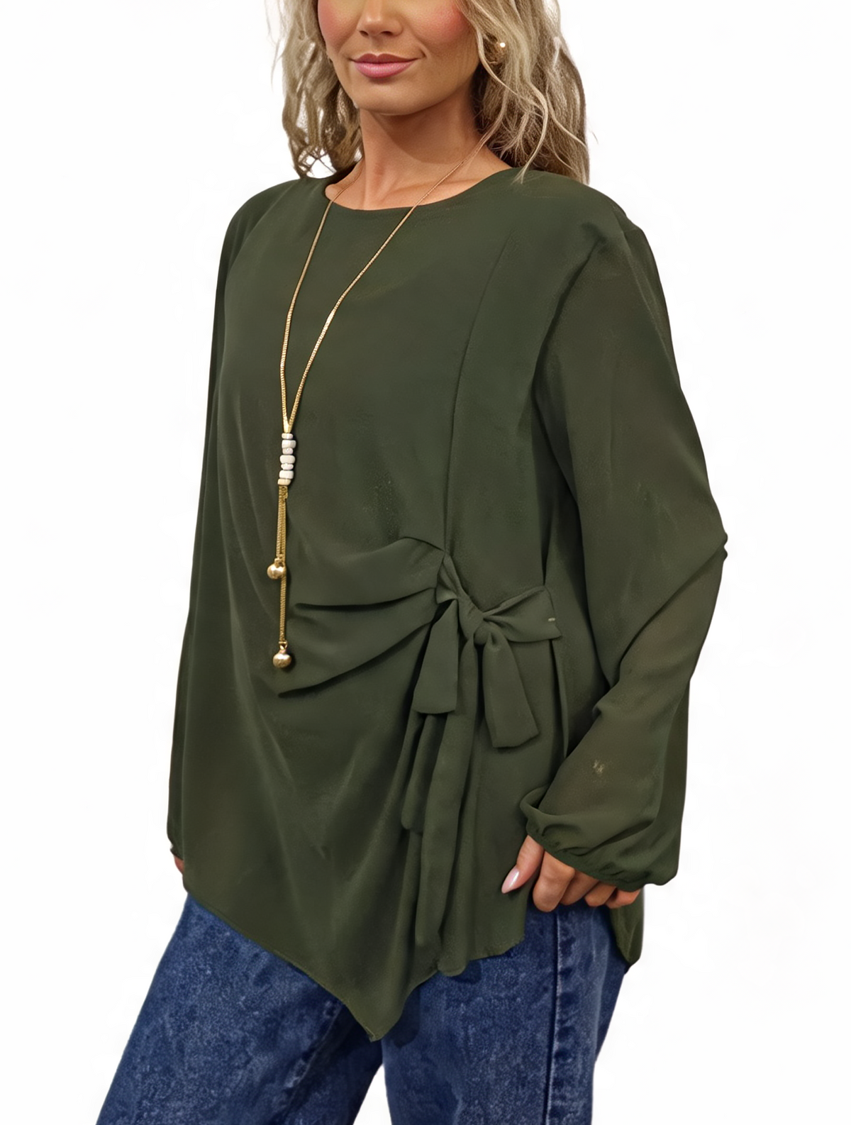 Side Tie with Necklace Long Balloon Sleeve Draped Asymmetric Hem Blouse