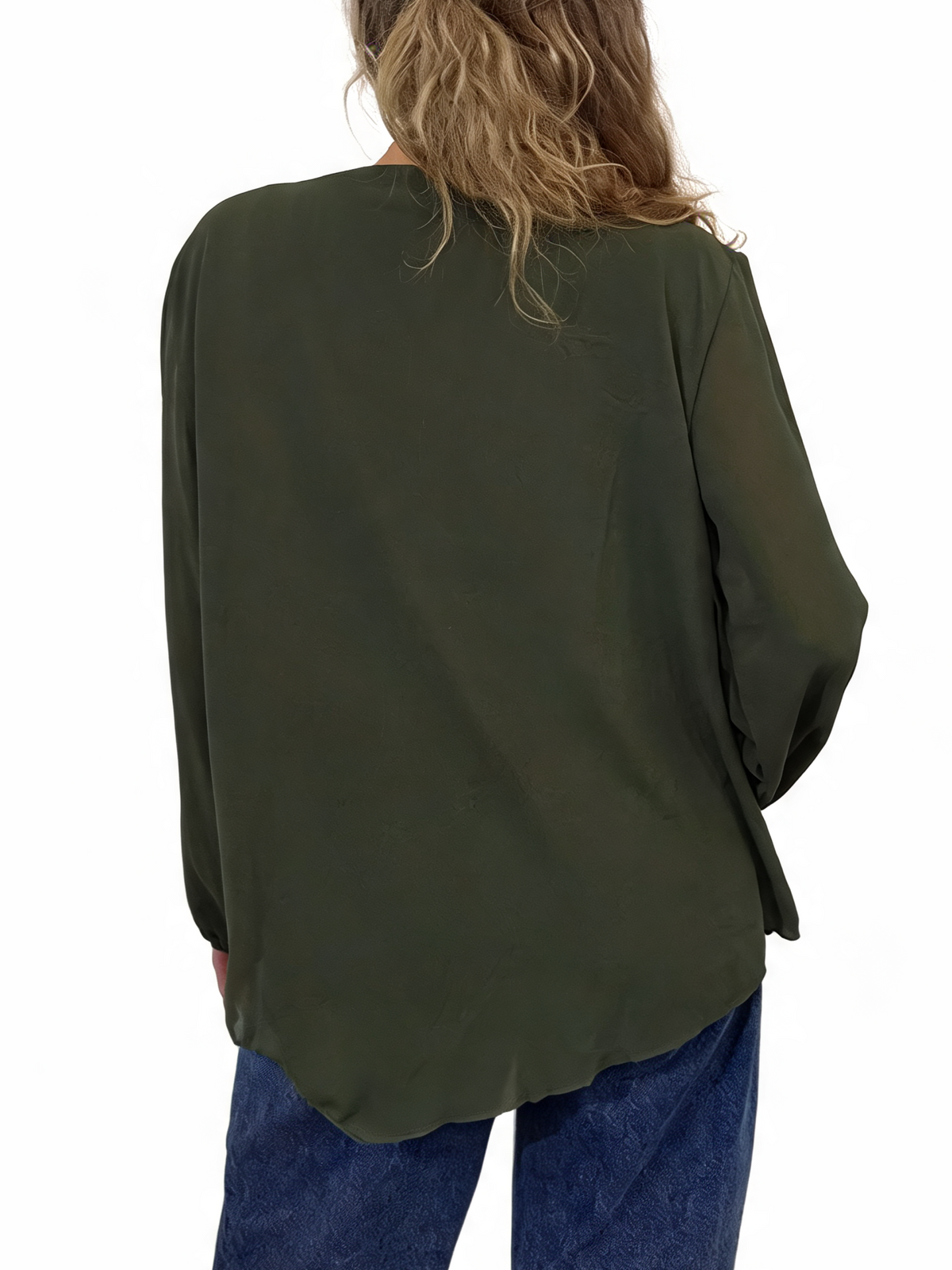 Side Tie with Necklace Long Balloon Sleeve Draped Asymmetric Hem Blouse