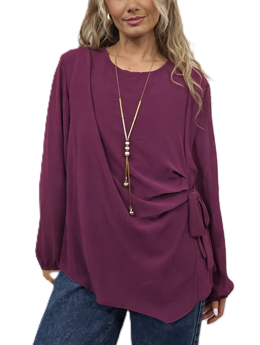 Side Tie with Necklace Long Balloon Sleeve Draped Asymmetric Hem Blouse