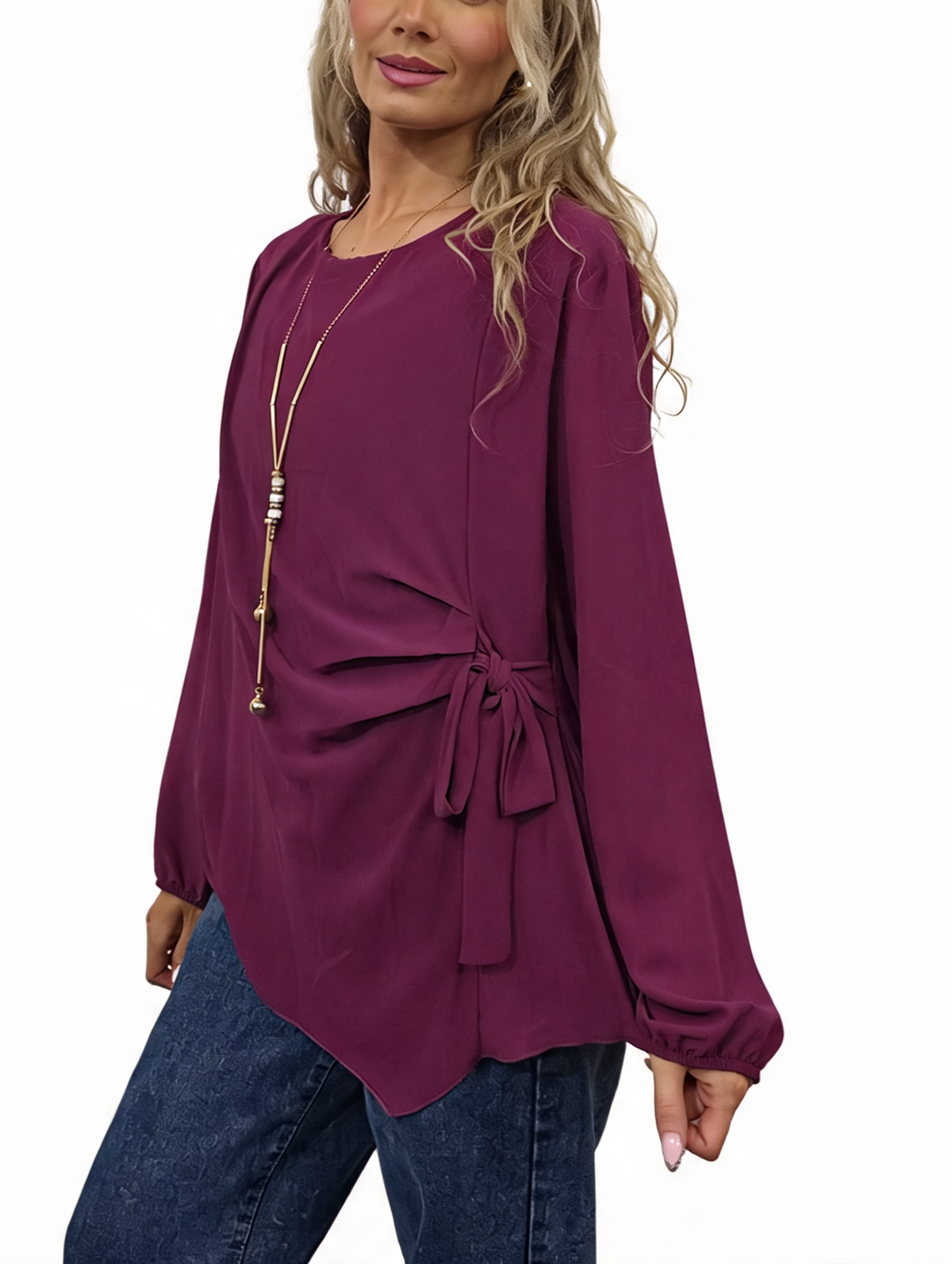 Side Tie with Necklace Long Balloon Sleeve Draped Asymmetric Hem Blouse