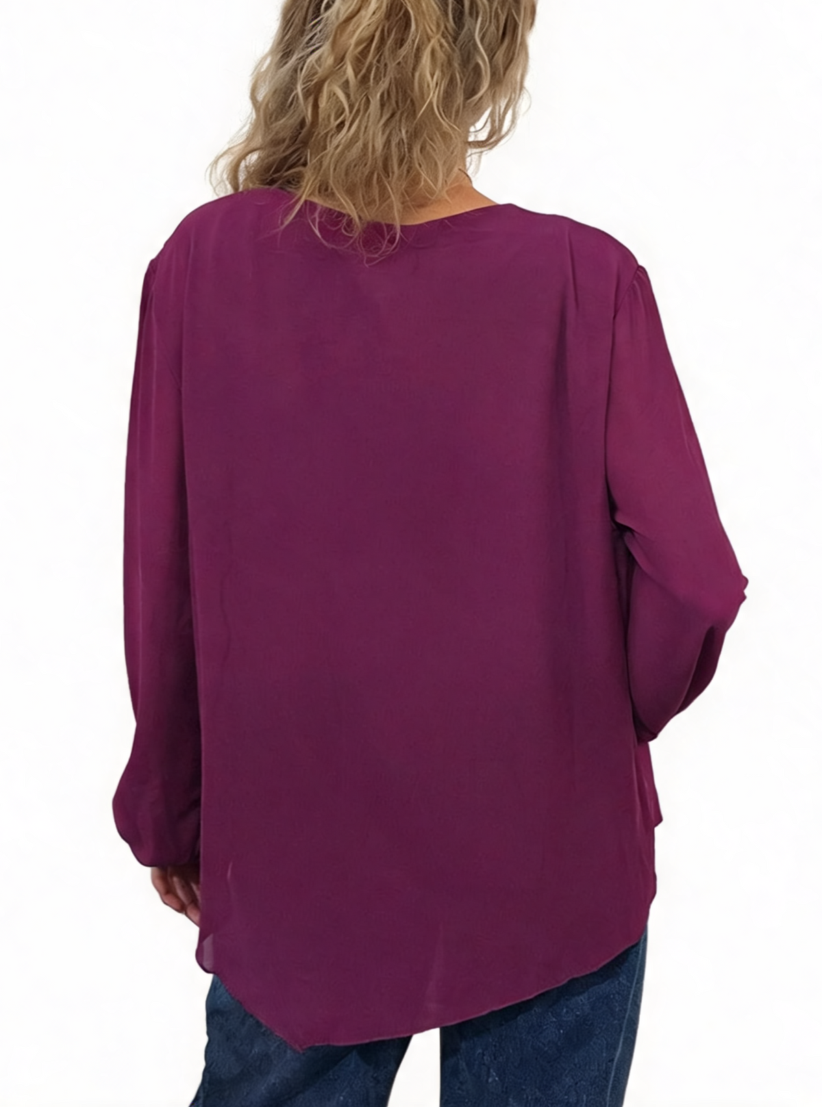 Side Tie with Necklace Long Balloon Sleeve Draped Asymmetric Hem Blouse