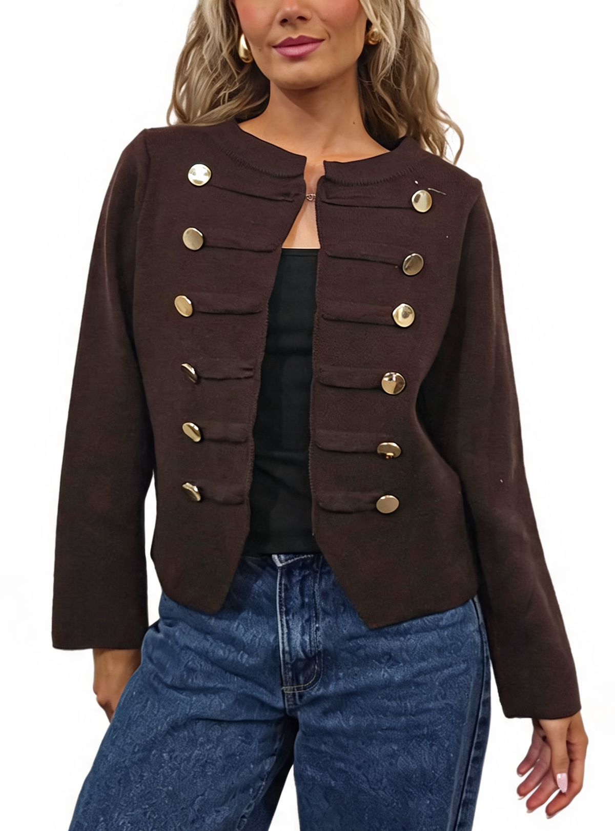 Military Style Cropped Gold Button Detail Long Sleeve Knit Blazer Cardigan
