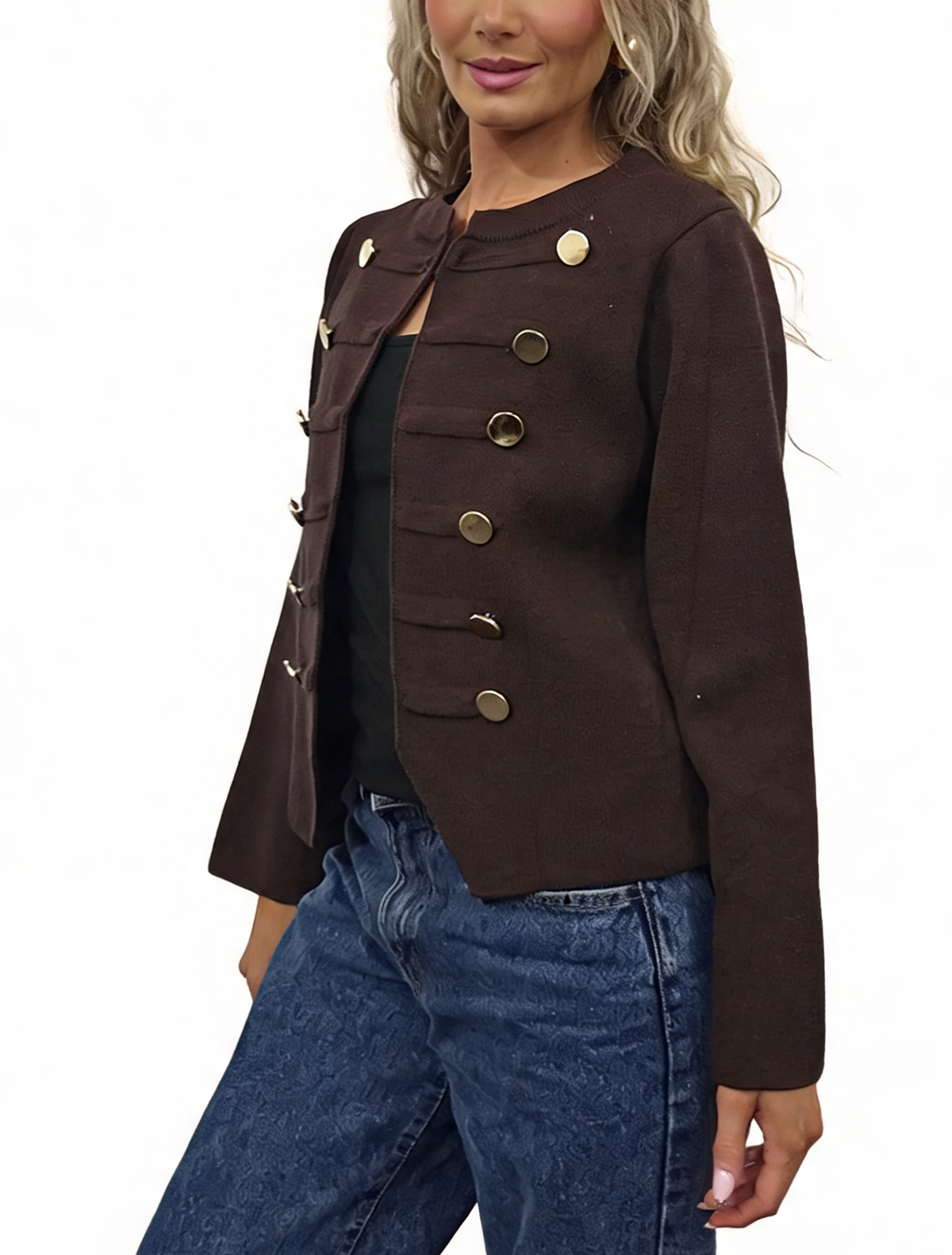 Military Style Cropped Gold Button Detail Long Sleeve Knit Blazer Cardigan