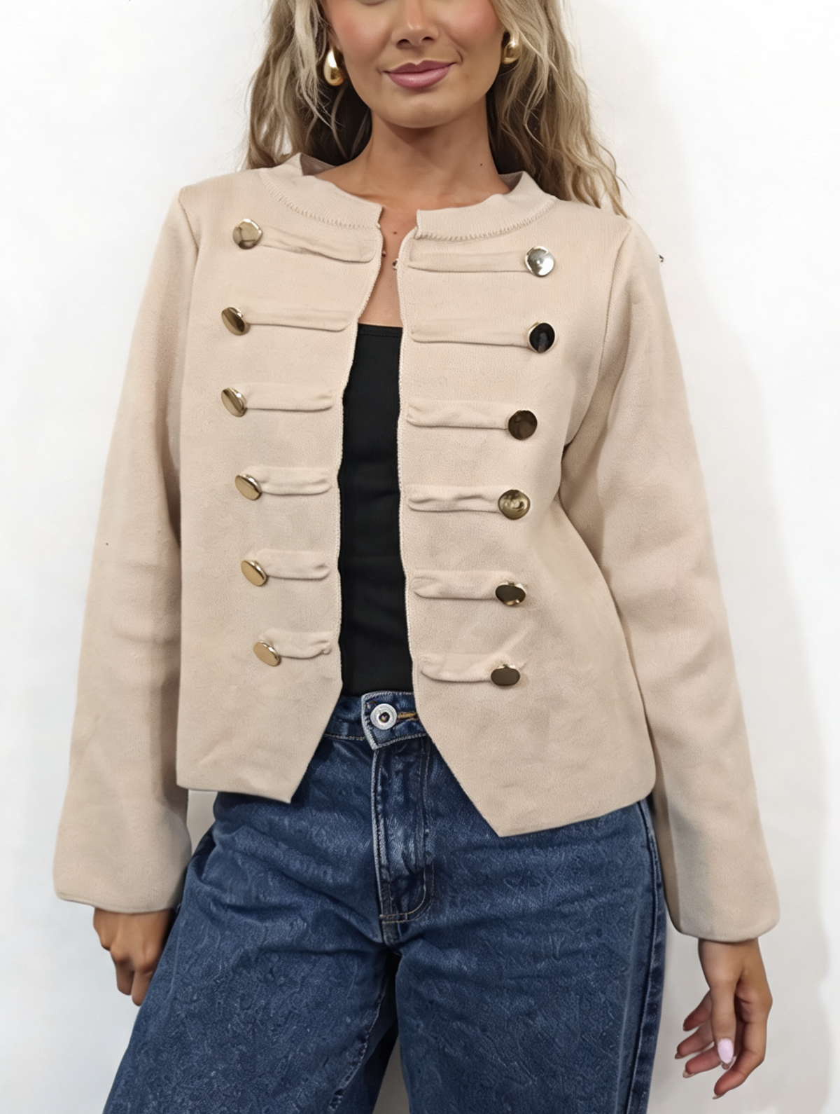 Military Style Cropped Gold Button Detail Long Sleeve Knit Blazer Cardigan