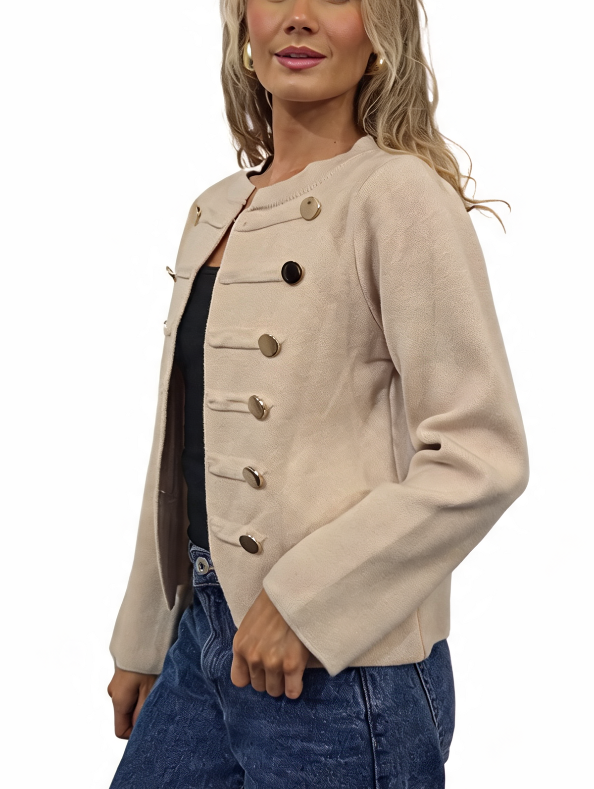 Military Style Cropped Gold Button Detail Long Sleeve Knit Blazer Cardigan