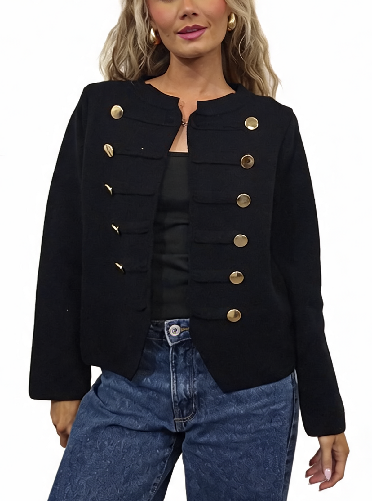 Military Style Cropped Gold Button Detail Long Sleeve Knit Blazer Cardigan