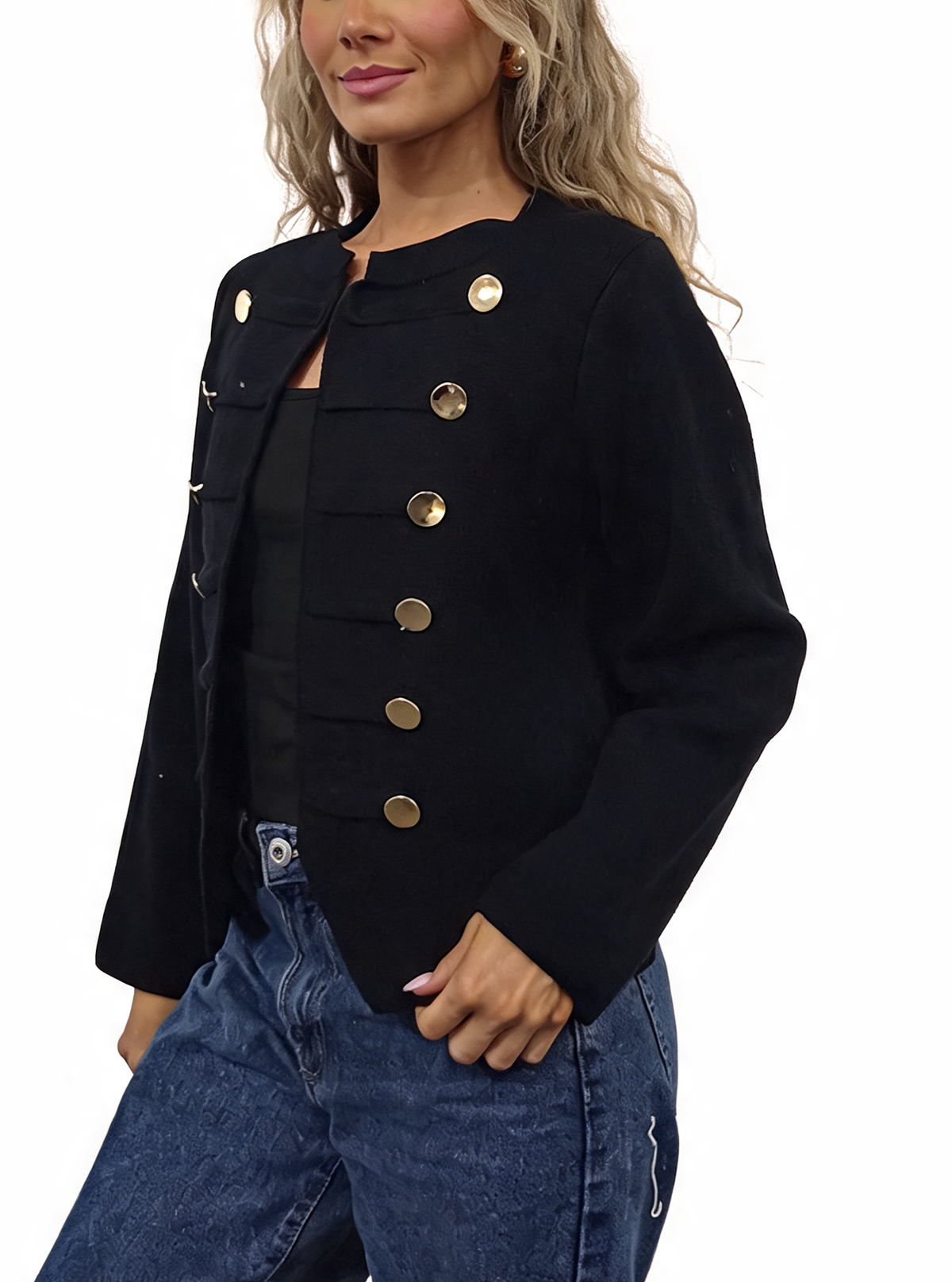 Military Style Cropped Gold Button Detail Long Sleeve Knit Blazer Cardigan