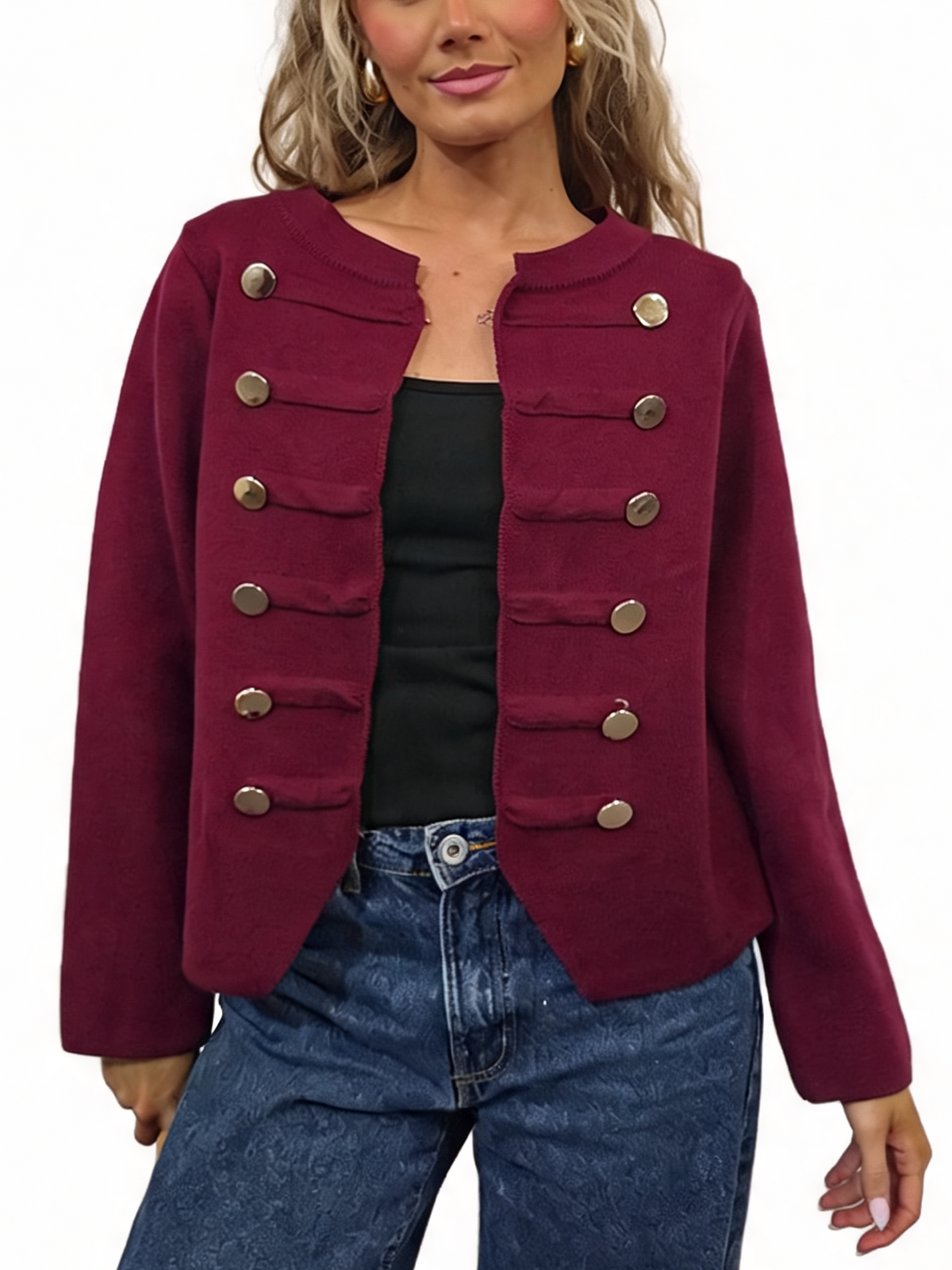Military Style Cropped Gold Button Detail Long Sleeve Knit Blazer Cardigan