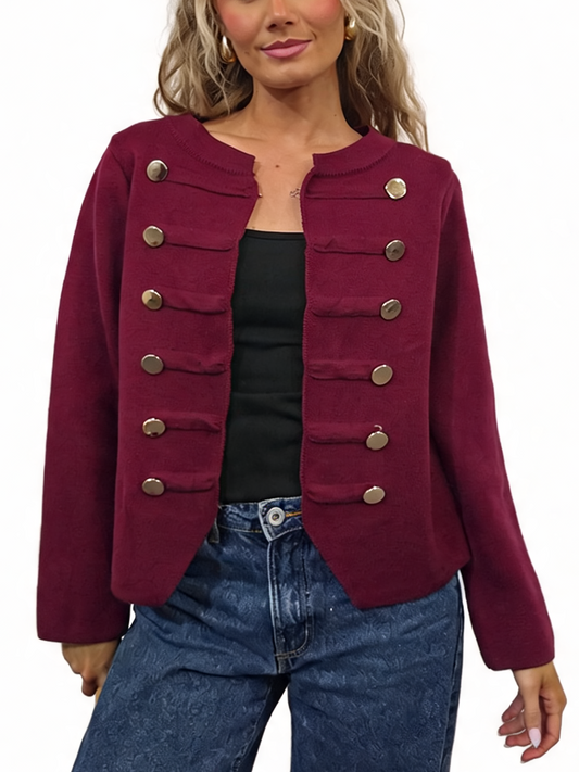 Military Style Cropped Gold Button Detail Long Sleeve Knit Blazer Cardigan