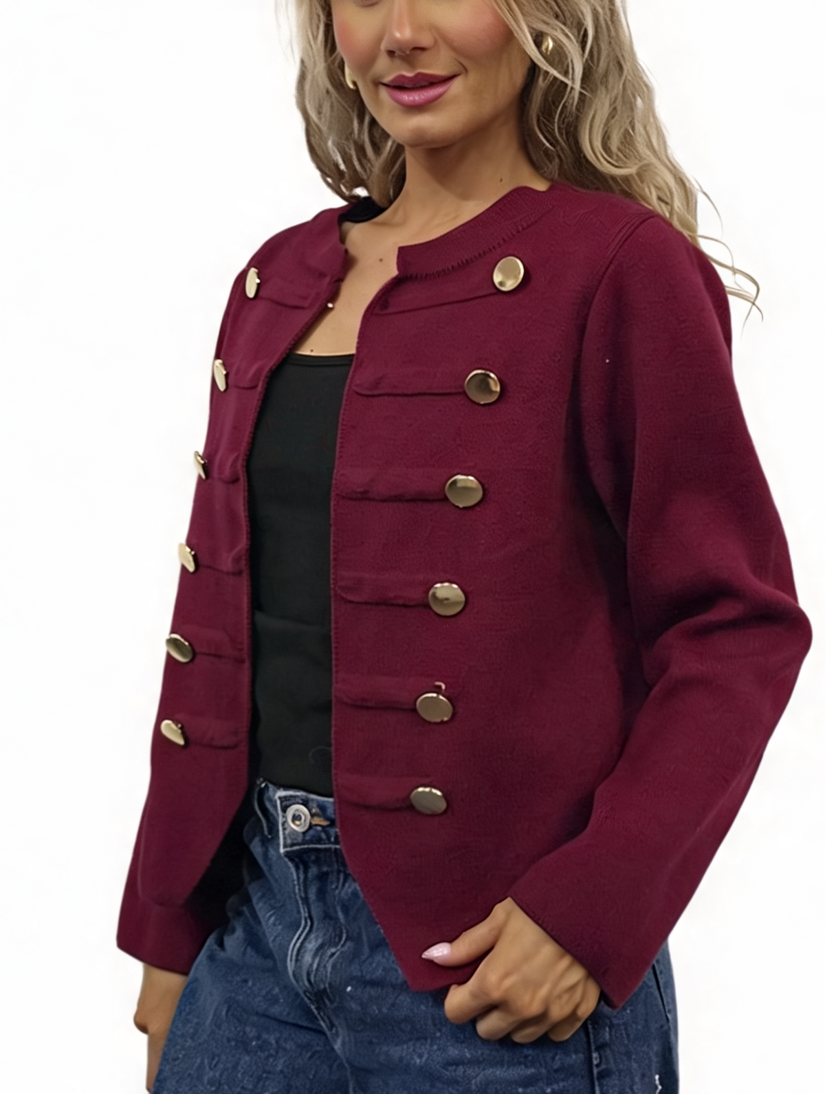 Military Style Cropped Gold Button Detail Long Sleeve Knit Blazer Cardigan