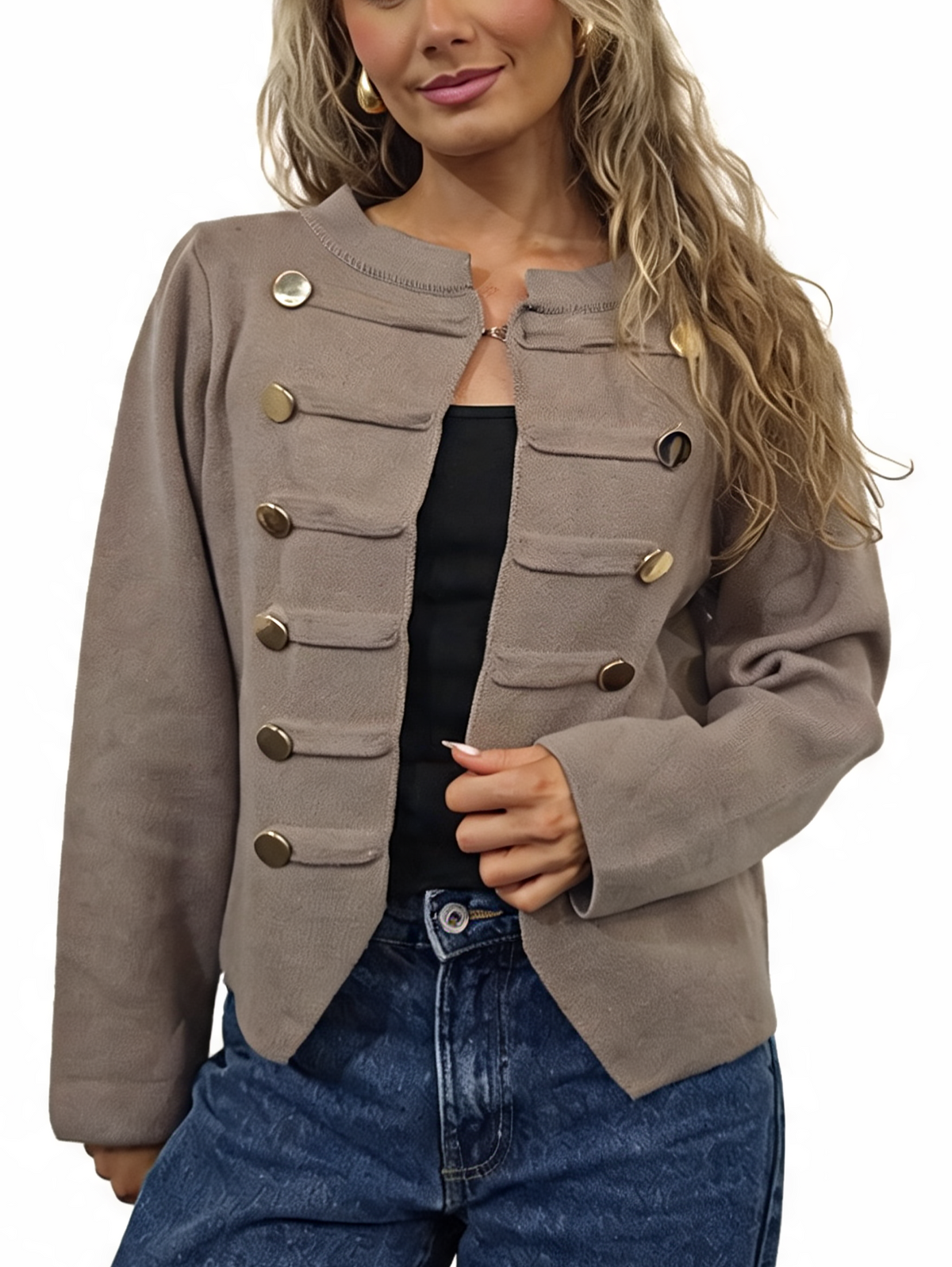 Military Style Cropped Gold Button Detail Long Sleeve Knit Blazer Cardigan
