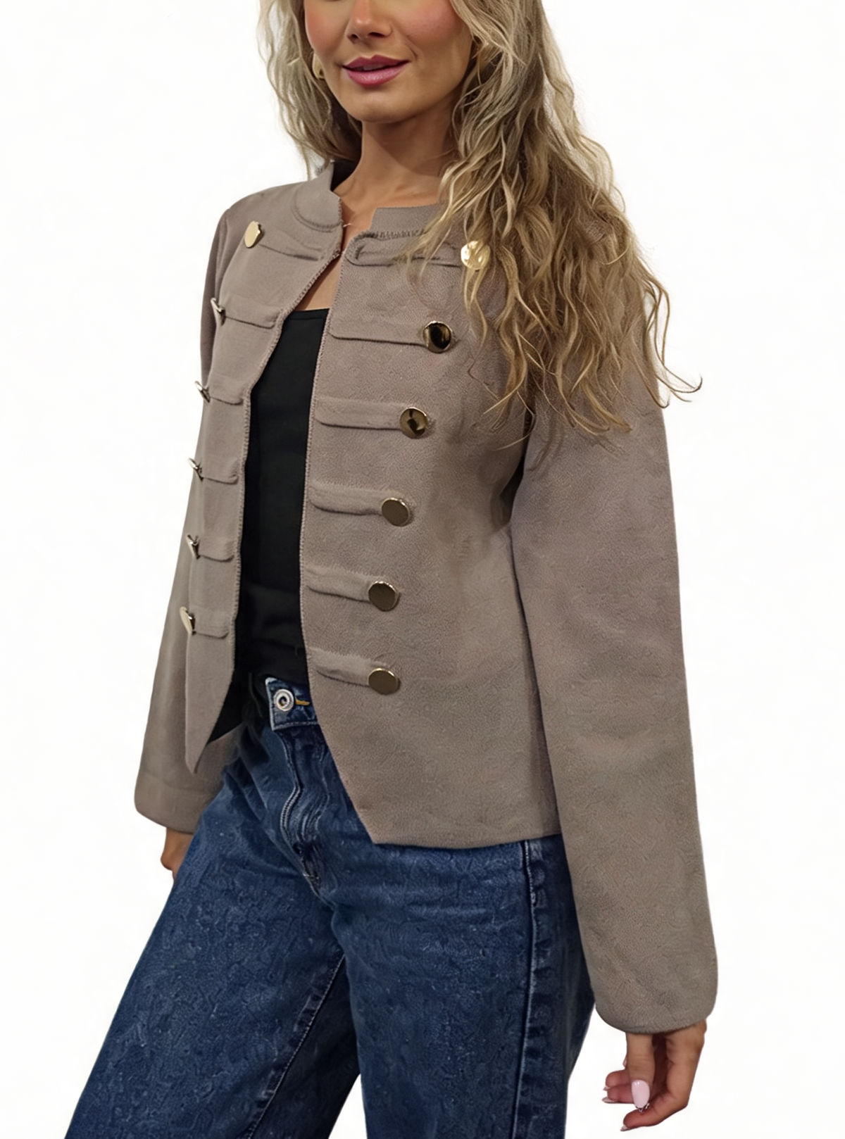 Military Style Cropped Gold Button Detail Long Sleeve Knit Blazer Cardigan