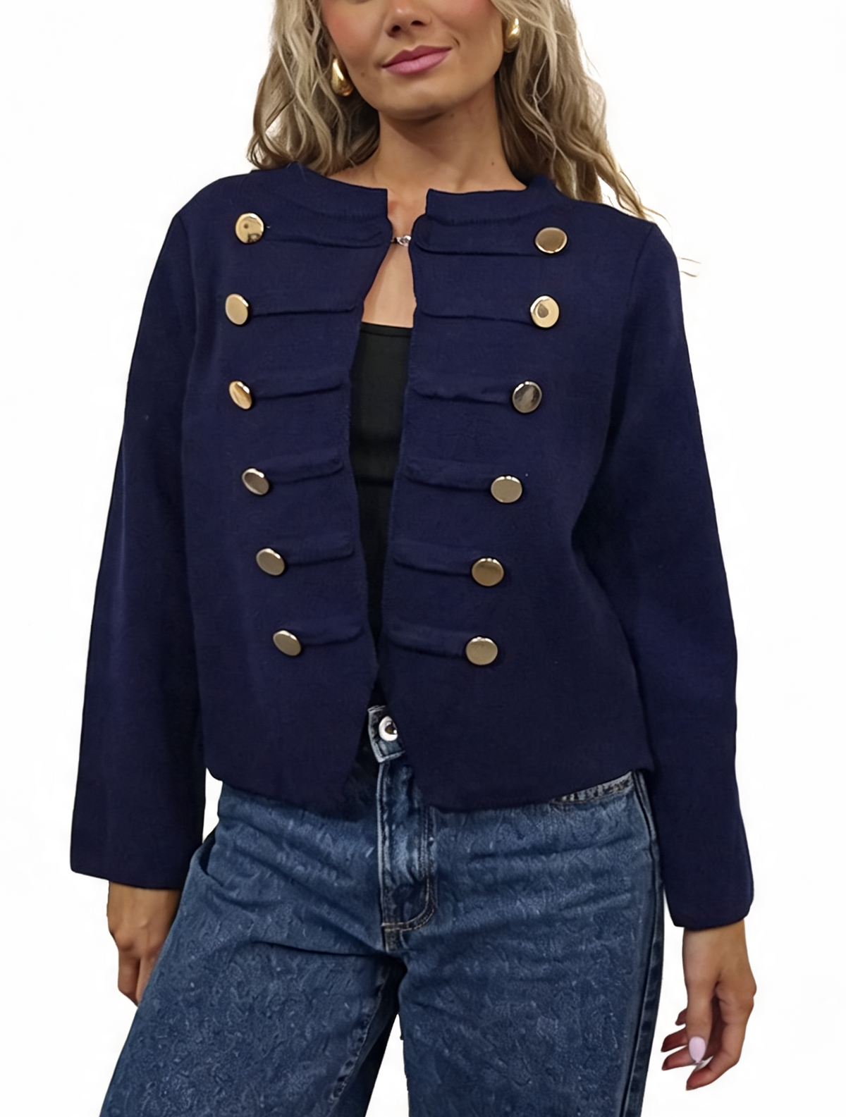 Military Style Cropped Gold Button Detail Long Sleeve Knit Blazer Cardigan