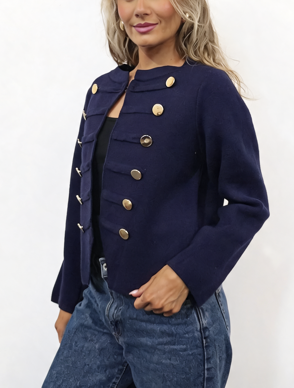 Military Style Cropped Gold Button Detail Long Sleeve Knit Blazer Cardigan