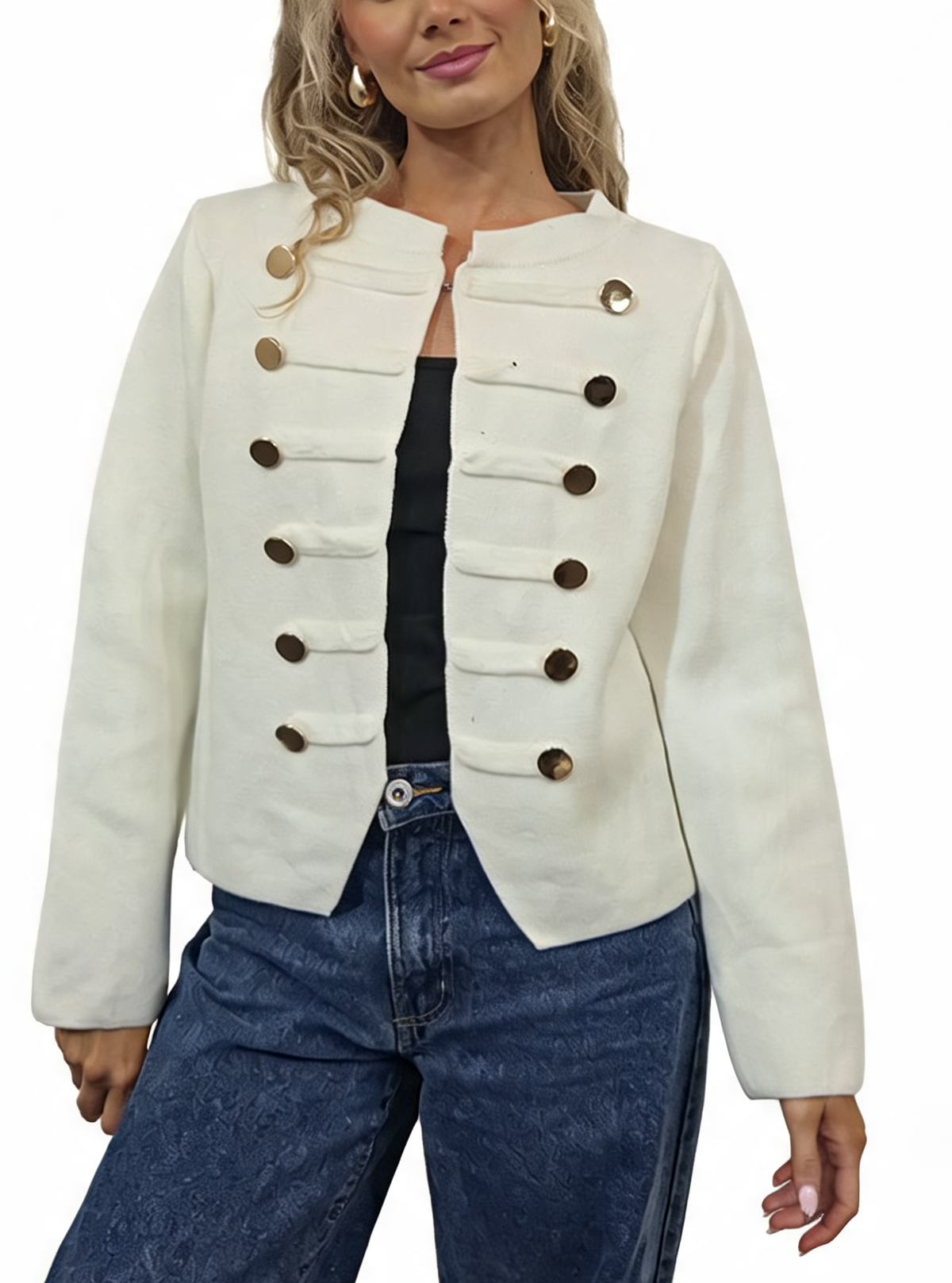 Military Style Cropped Gold Button Detail Long Sleeve Knit Blazer Cardigan