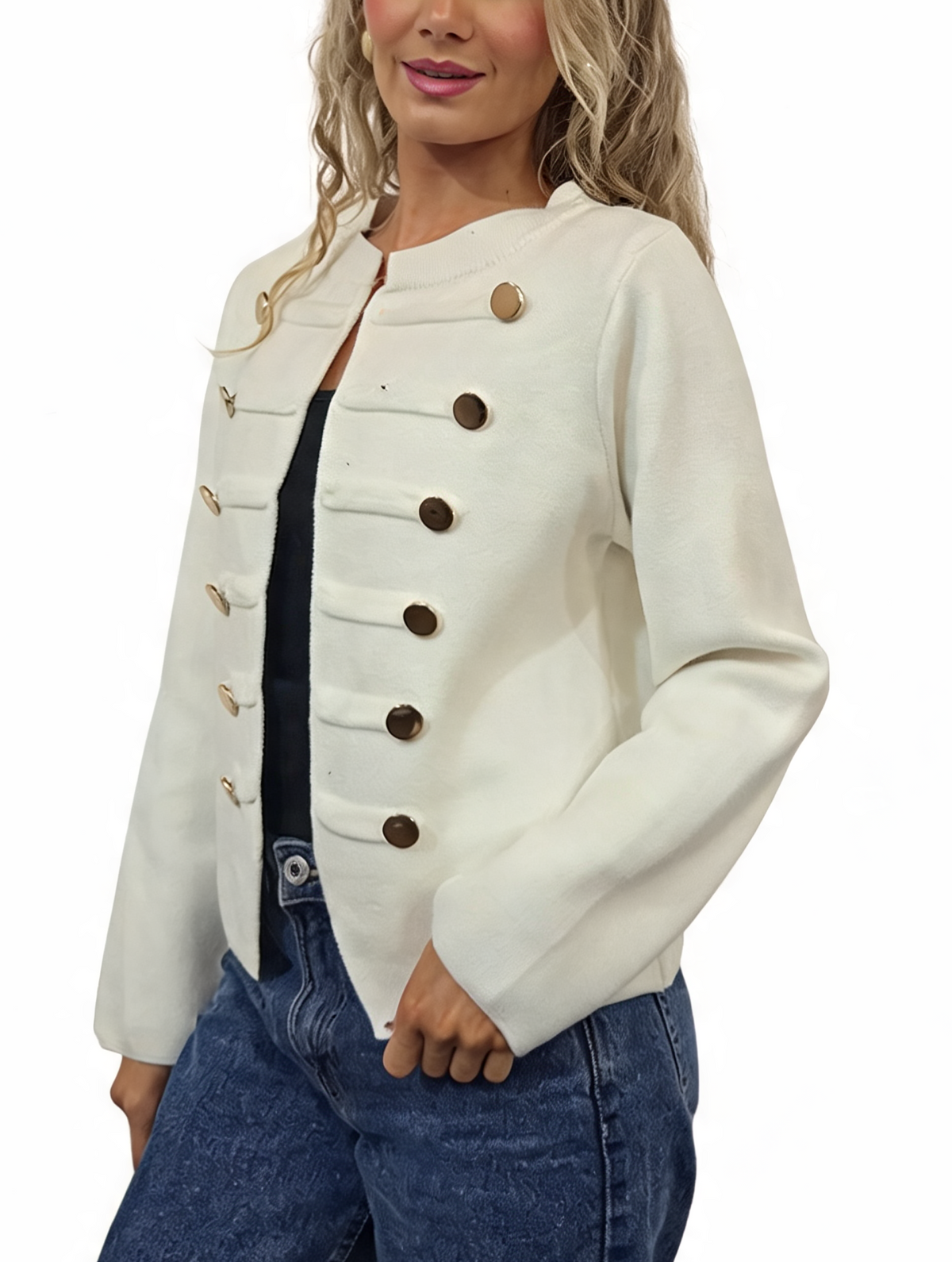 Military Style Cropped Gold Button Detail Long Sleeve Knit Blazer Cardigan