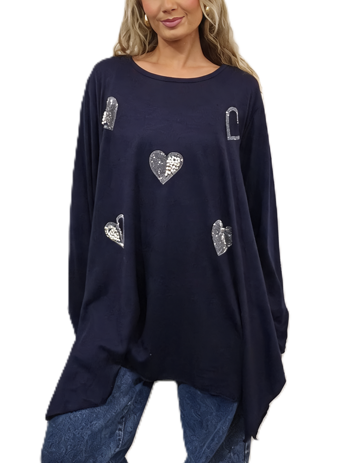 Women’s Oversized Sparkle Heart Top Sequin Embellished Long Sleeve Round Neck Asymmetric Tunic