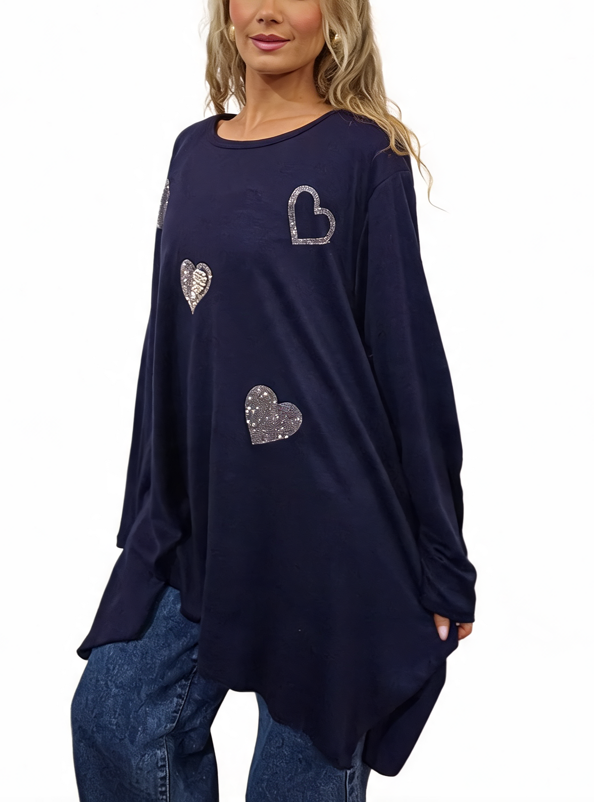 Women’s Oversized Sparkle Heart Top Sequin Embellished Long Sleeve Round Neck Asymmetric Tunic