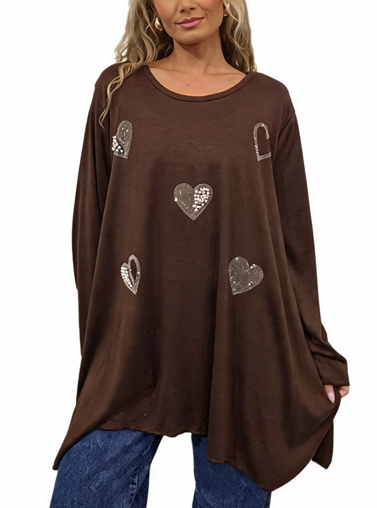 Women’s Oversized Sparkle Heart Top Sequin Embellished Long Sleeve Round Neck Asymmetric Tunic