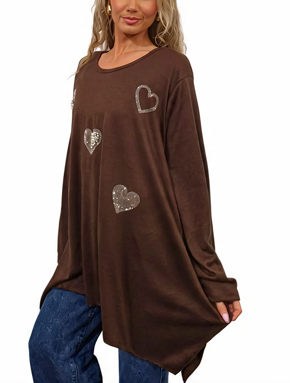 Women’s Oversized Sparkle Heart Top Sequin Embellished Long Sleeve Round Neck Asymmetric Tunic