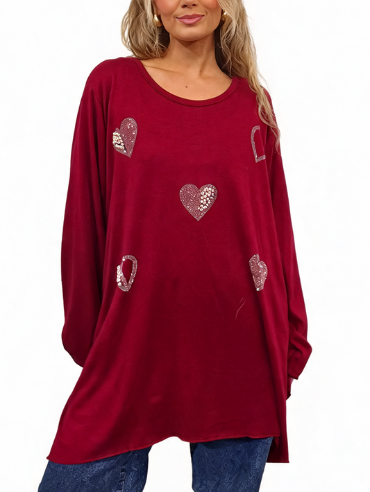 Women’s Oversized Sparkle Heart Top Sequin Embellished Long Sleeve Round Neck Asymmetric Tunic