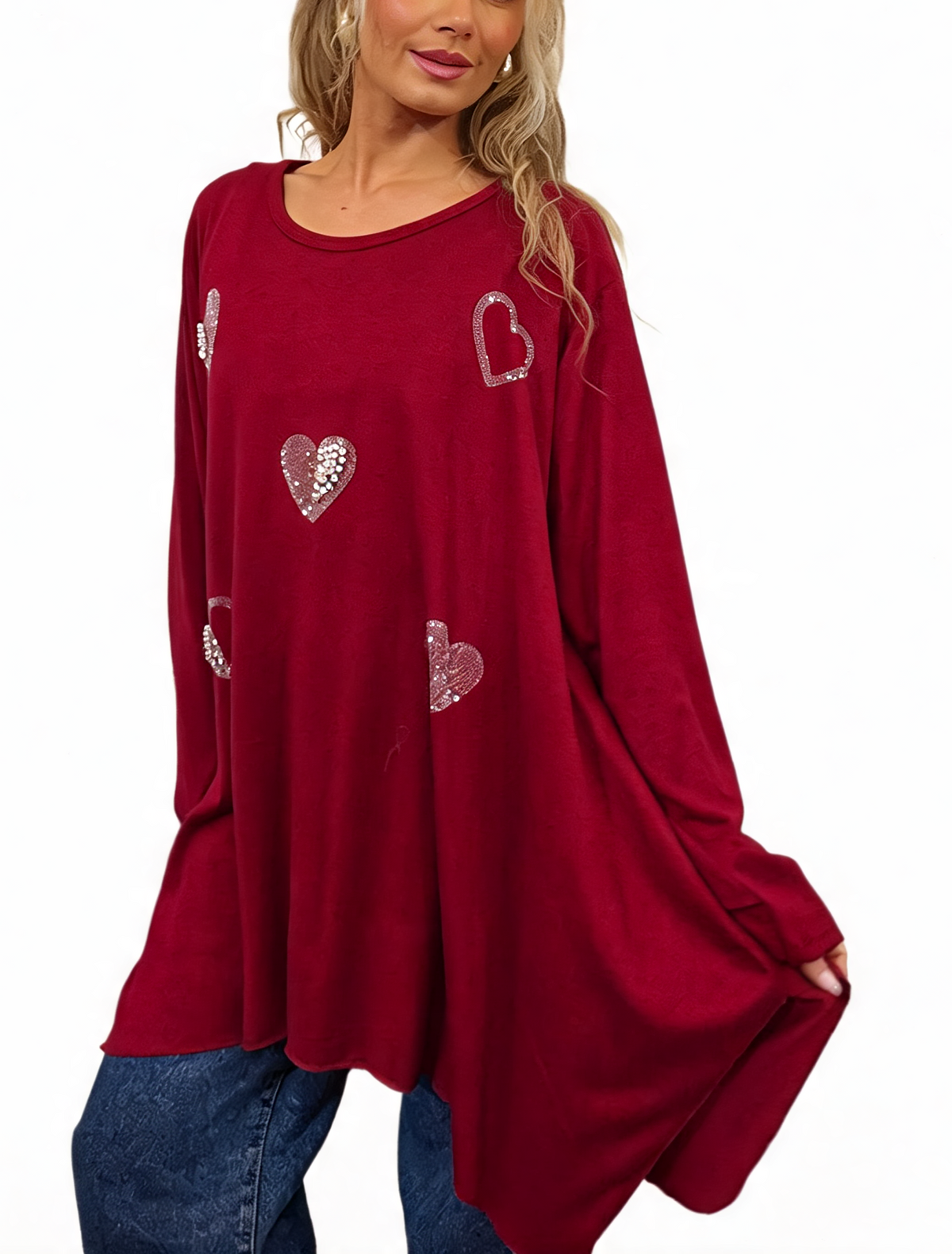 Women’s Oversized Sparkle Heart Top Sequin Embellished Long Sleeve Round Neck Asymmetric Tunic
