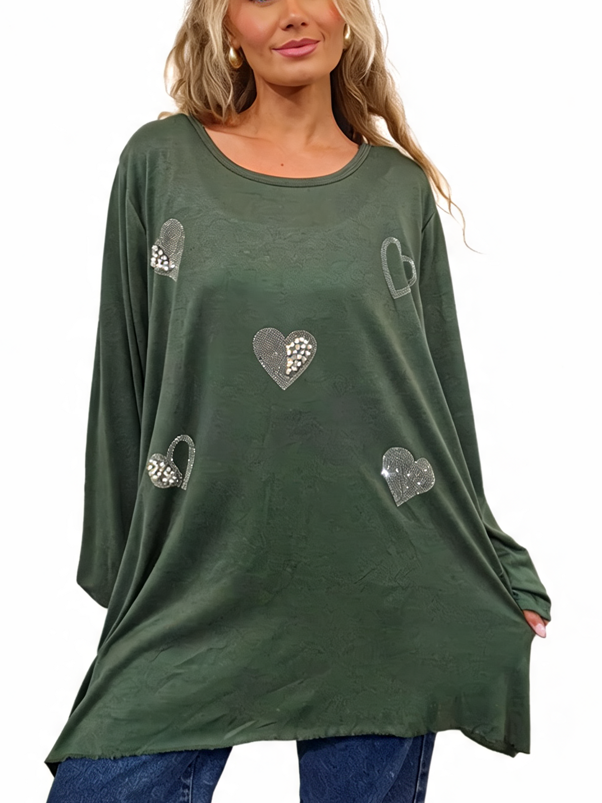 Women’s Oversized Sparkle Heart Top Sequin Embellished Long Sleeve Round Neck Asymmetric Tunic