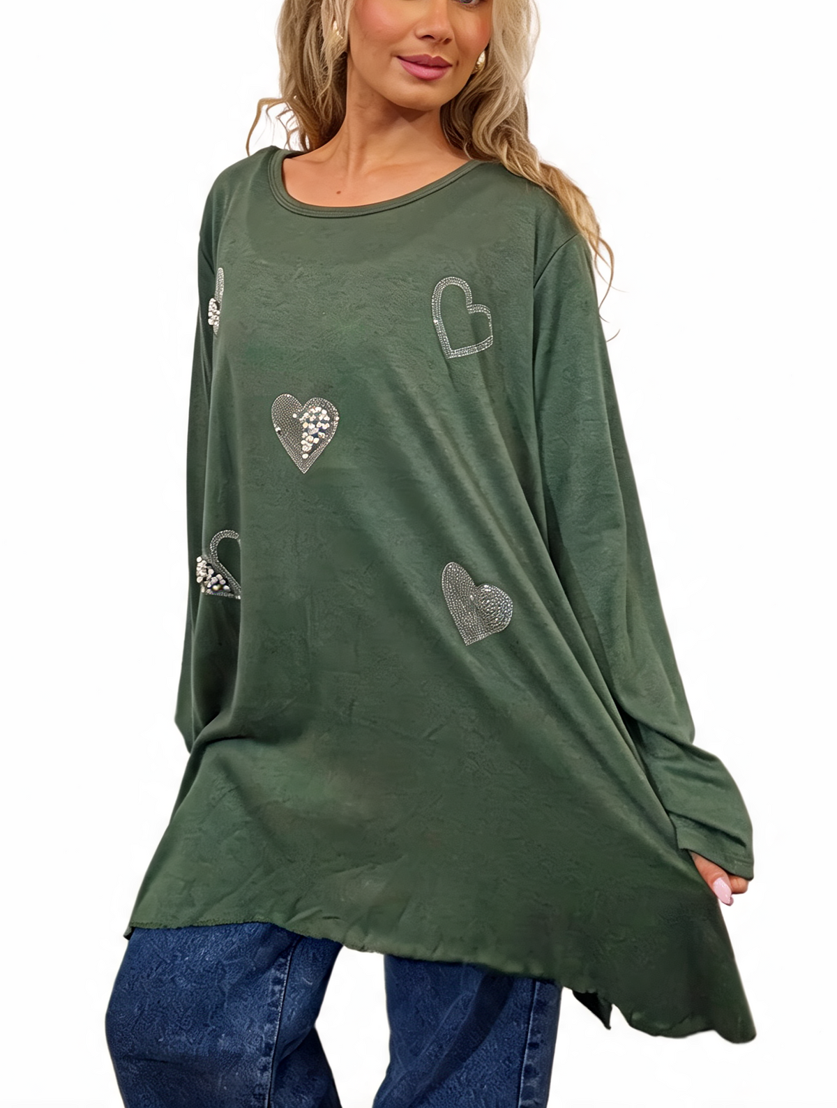 Women’s Oversized Sparkle Heart Top Sequin Embellished Long Sleeve Round Neck Asymmetric Tunic