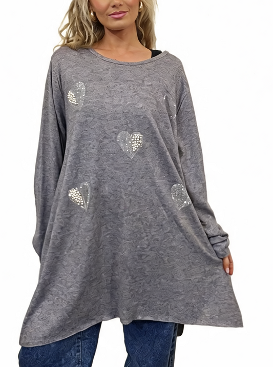 Women’s Oversized Sparkle Heart Top Sequin Embellished Long Sleeve Round Neck Asymmetric Tunic