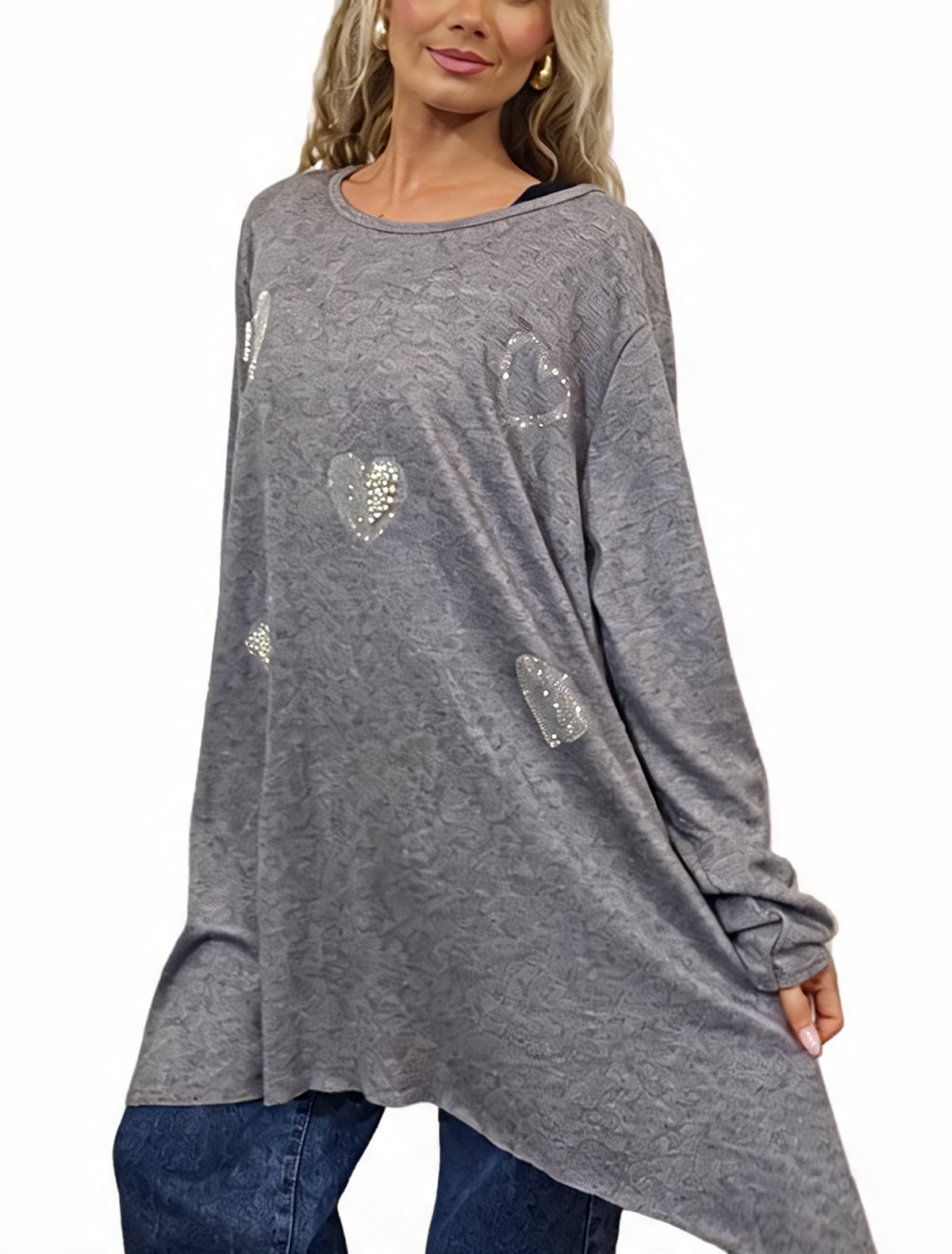 Women’s Oversized Sparkle Heart Top Sequin Embellished Long Sleeve Round Neck Asymmetric Tunic