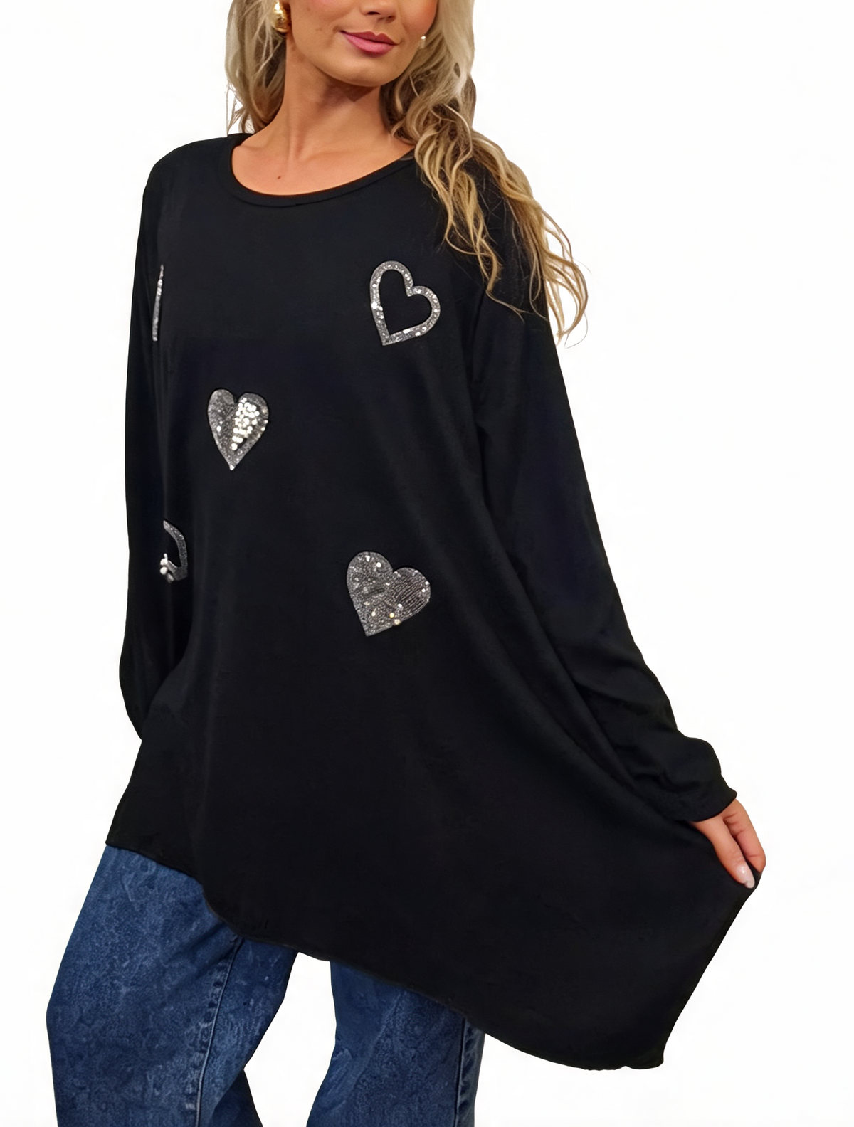 Women’s Oversized Sparkle Heart Top Sequin Embellished Long Sleeve Round Neck Asymmetric Tunic