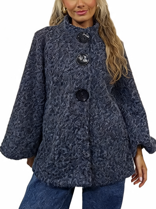 Women’s Textured Teddy Swing Oversized Button Funnel Neck Astrakhan-Style  Coat