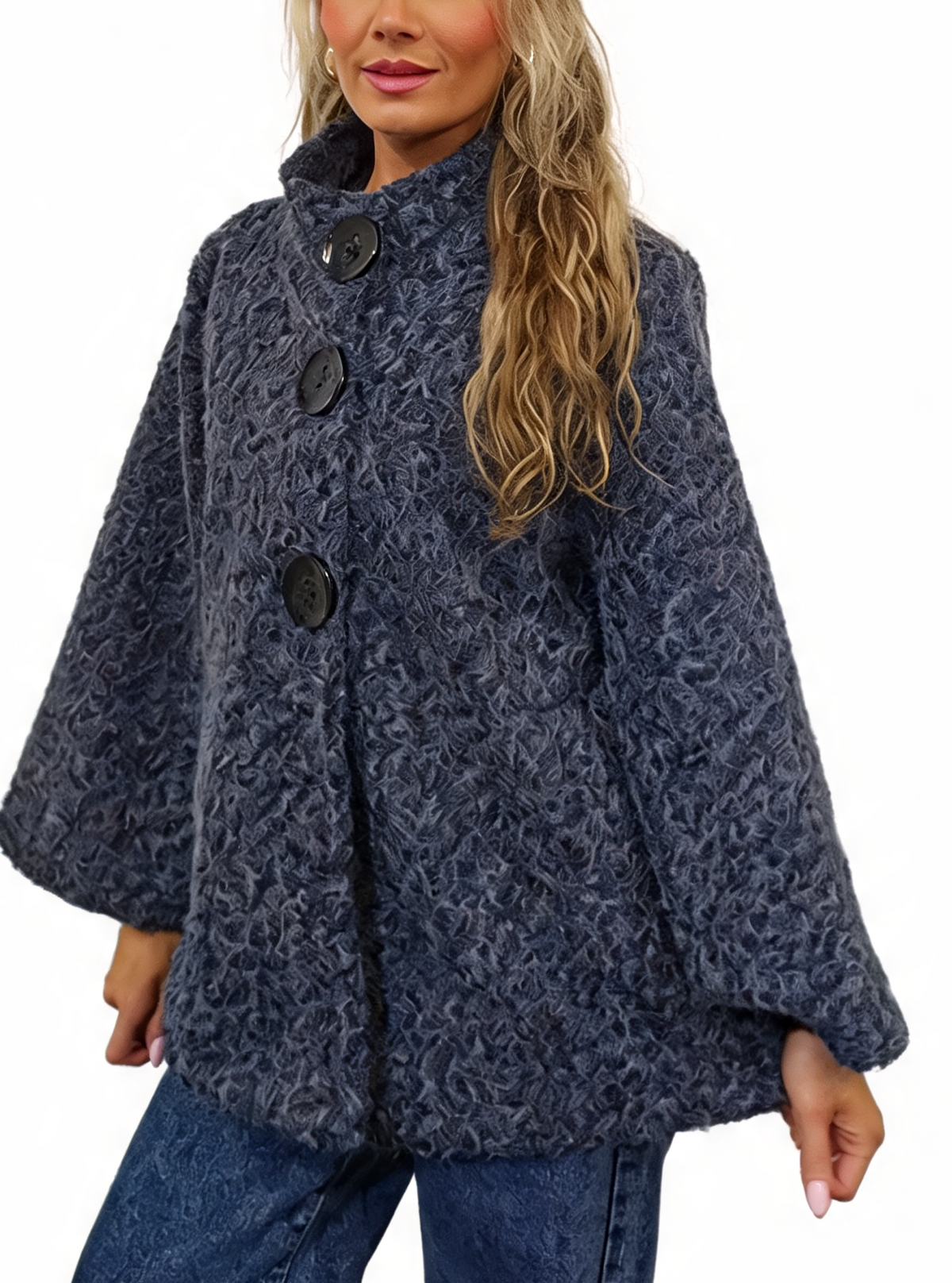 Denim textured teddy swing coat with funnel neck and oversized round buttons