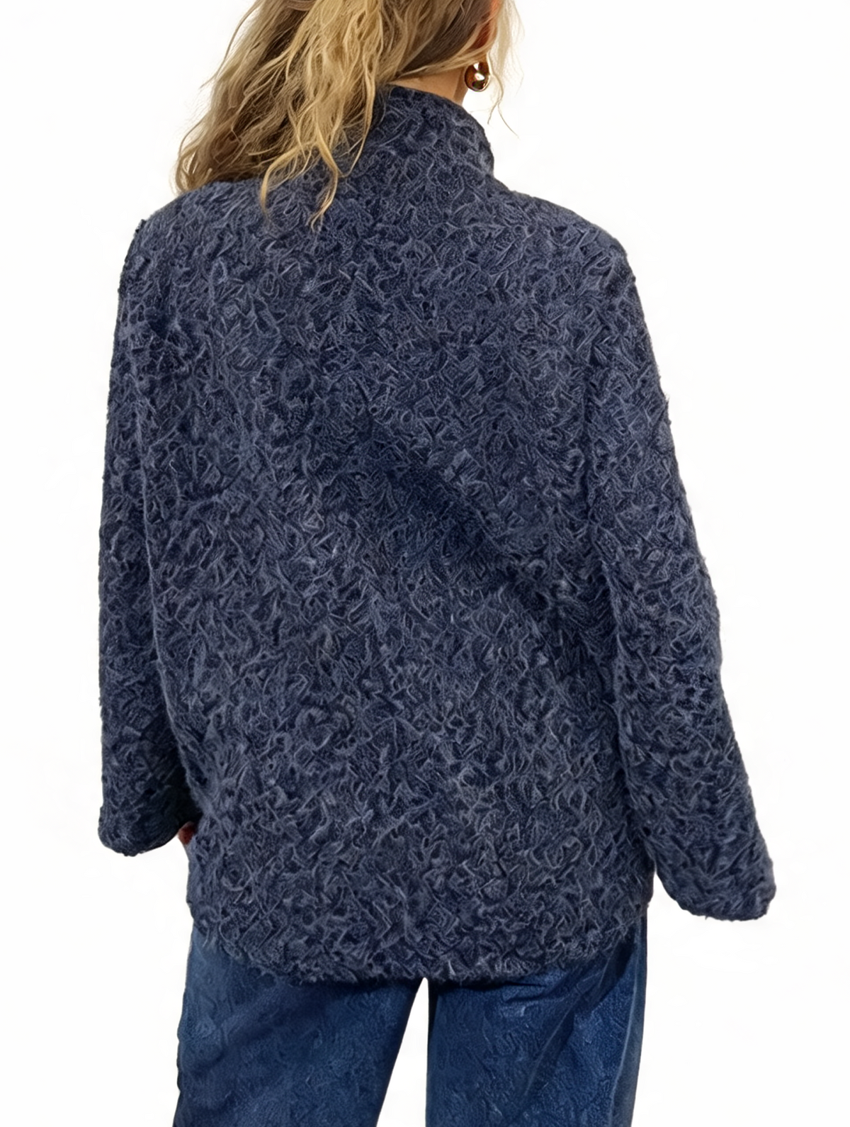 Denim textured teddy swing coat back view with funnel neck and relaxed fit