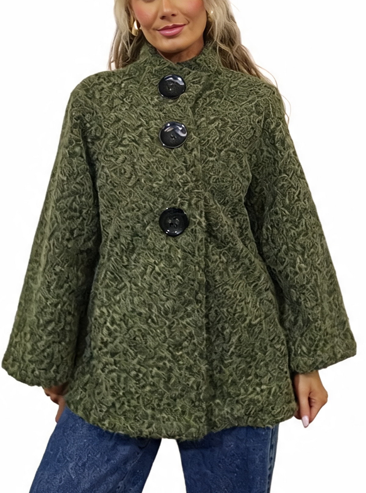 Olive green textured teddy swing coat with funnel neck and large round buttons