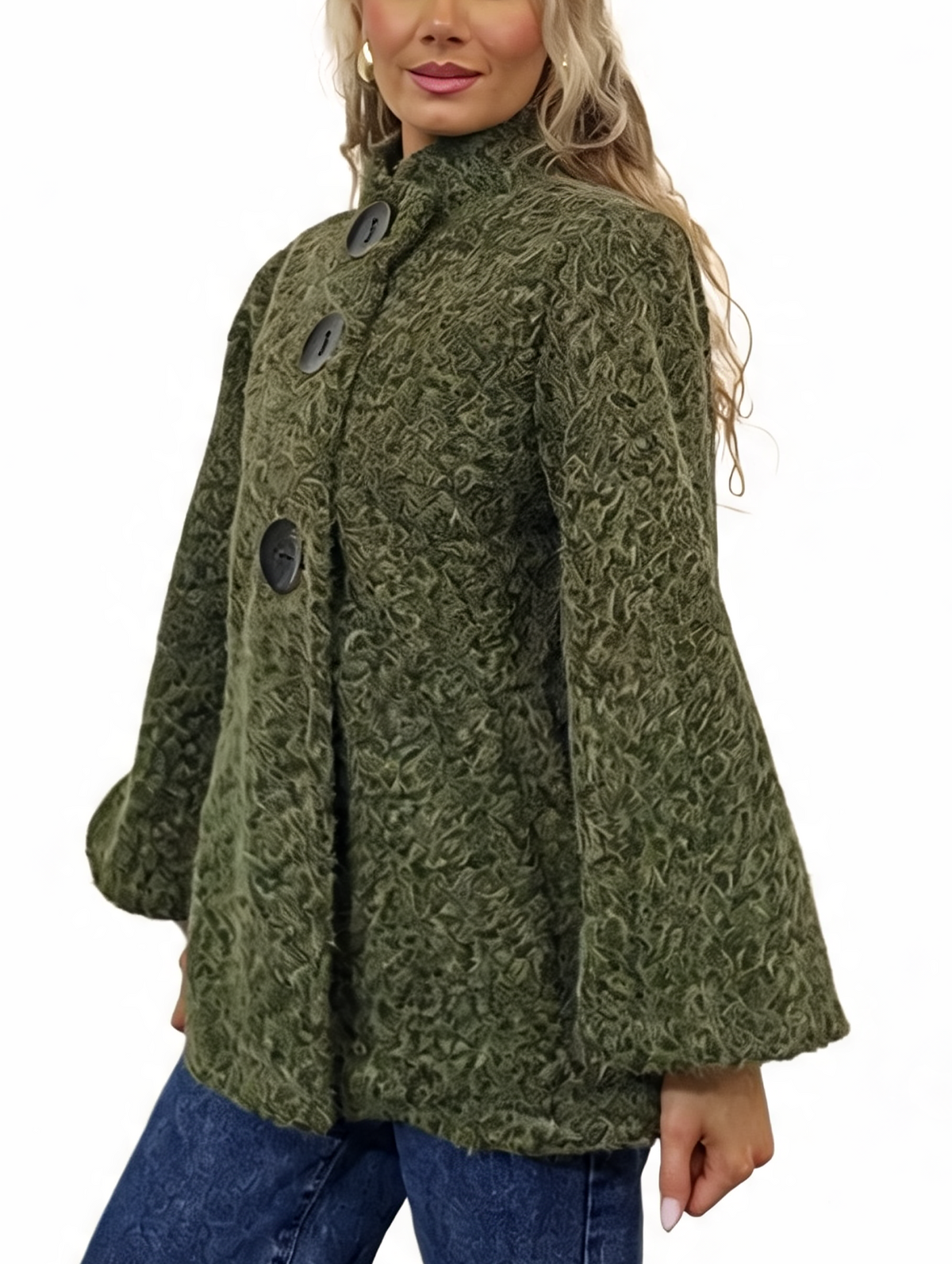 Women’s textured teddy swing coat, dark green, funnel neck, oversized button front
