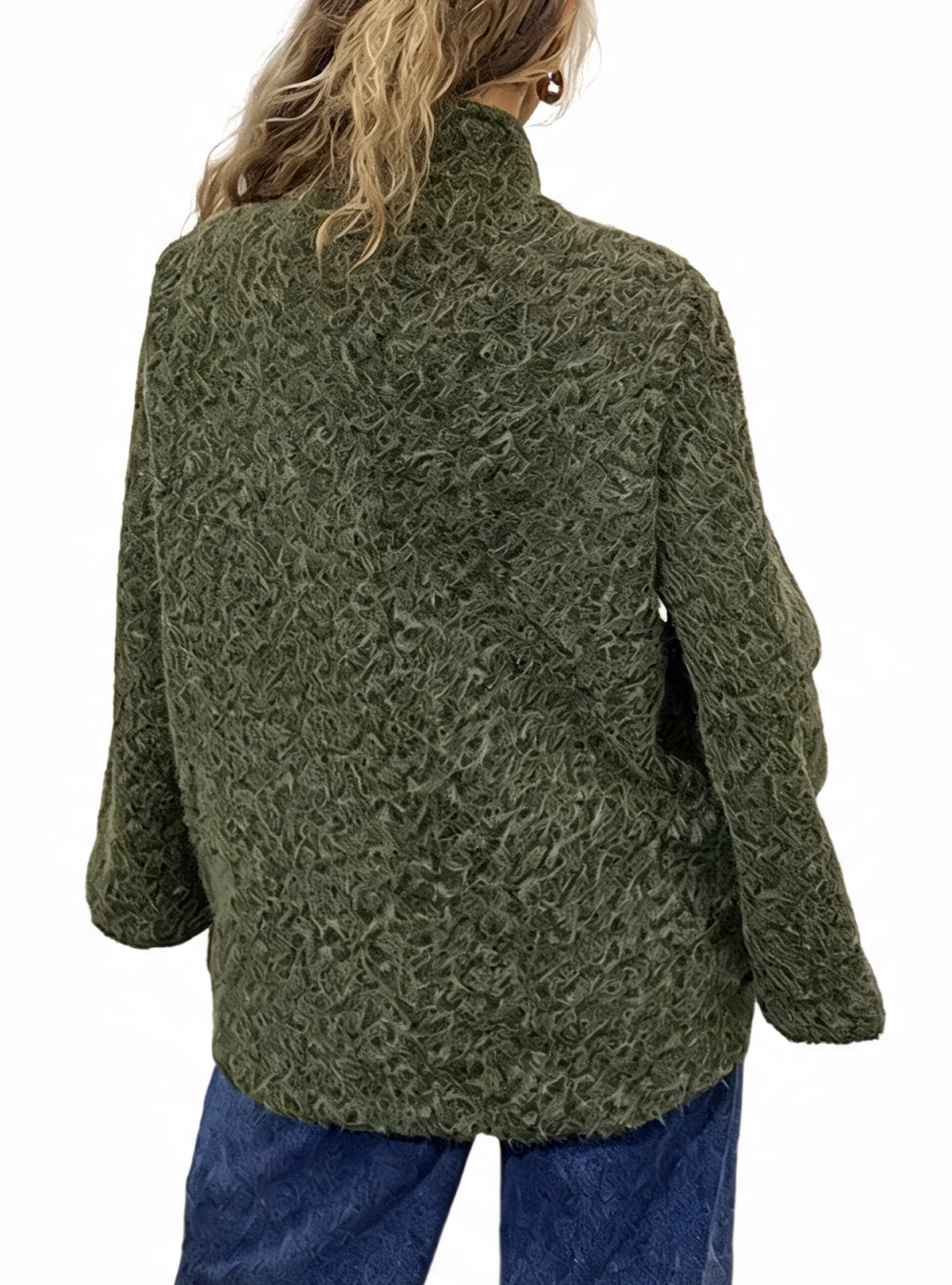Women’s textured teddy swing coat, dark green back view, funnel neck, voluminous sleeves