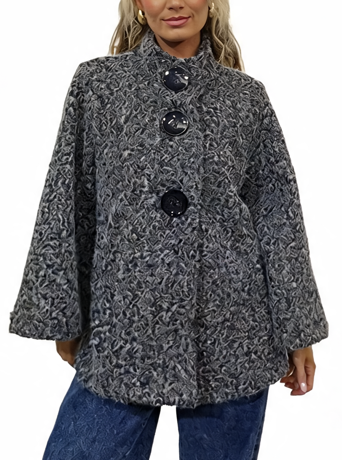 Gray textured teddy swing coat with funnel neck and oversized front buttons