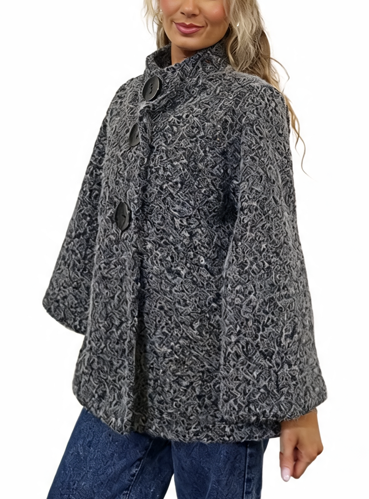 Women’s textured teddy swing coat, charcoal grey, funnel neck, oversized button front