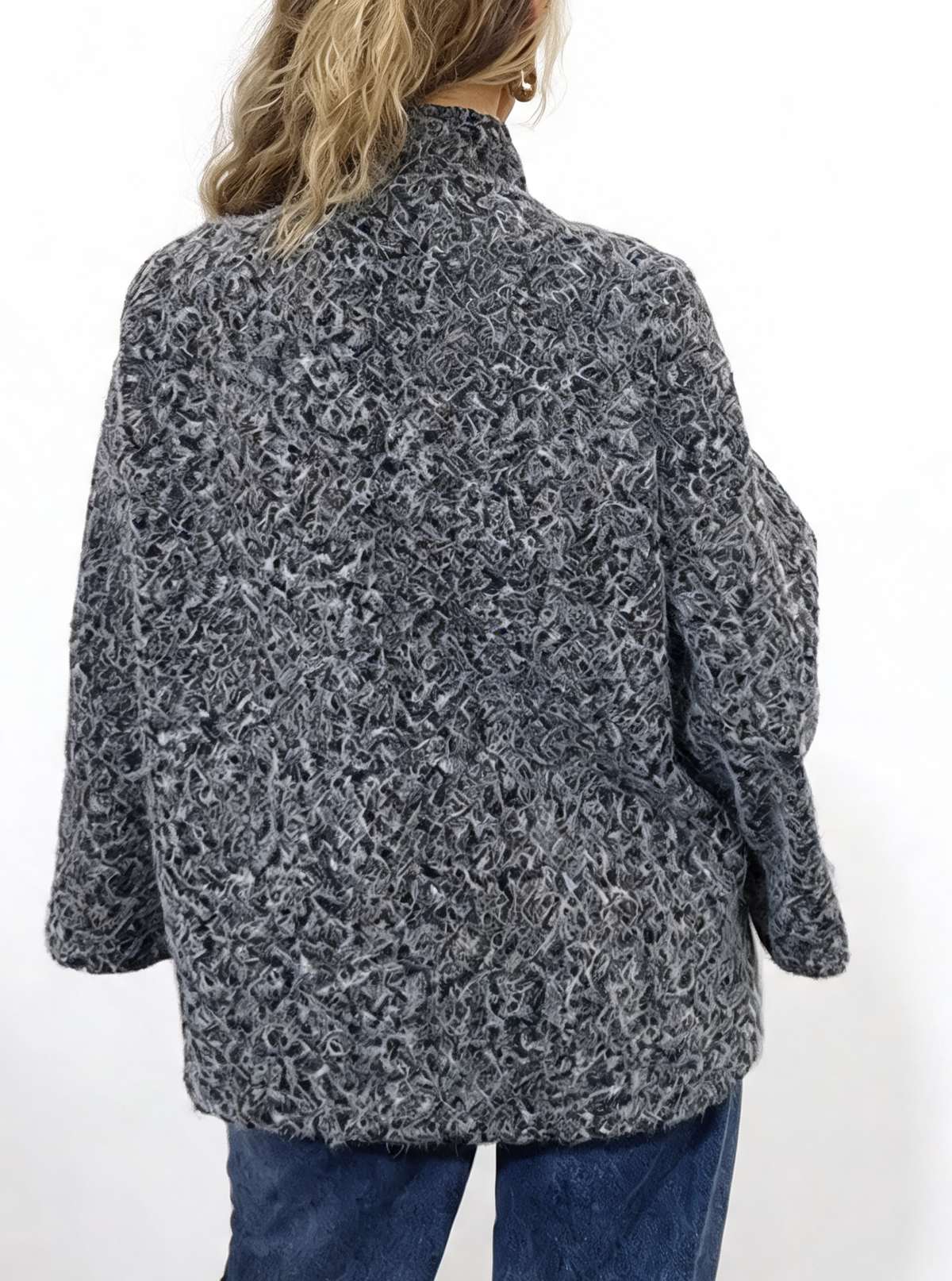 Women’s textured teddy swing coat, charcoal grey back view, funnel neck, wide bell sleeves
