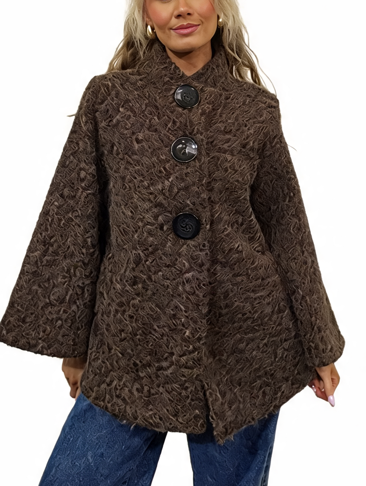 Brown textured teddy swing coat with funnel neck and oversized button closure