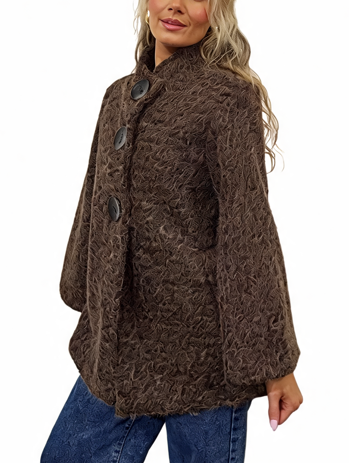 Women’s textured teddy swing coat, chocolate brown, funnel neck, oversized button front